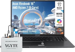ASUS Vivobook 16 Laptop, 16 Inch WUXGA IPS Business Laptop Computer, AMD Ryzen 7 (8-Cores), 40GB RAM 1TB SSD 512GB Docking Set, Windows 11 Pro, Copilot AI, Backlit Keyboard 10-Key, Fingerprint