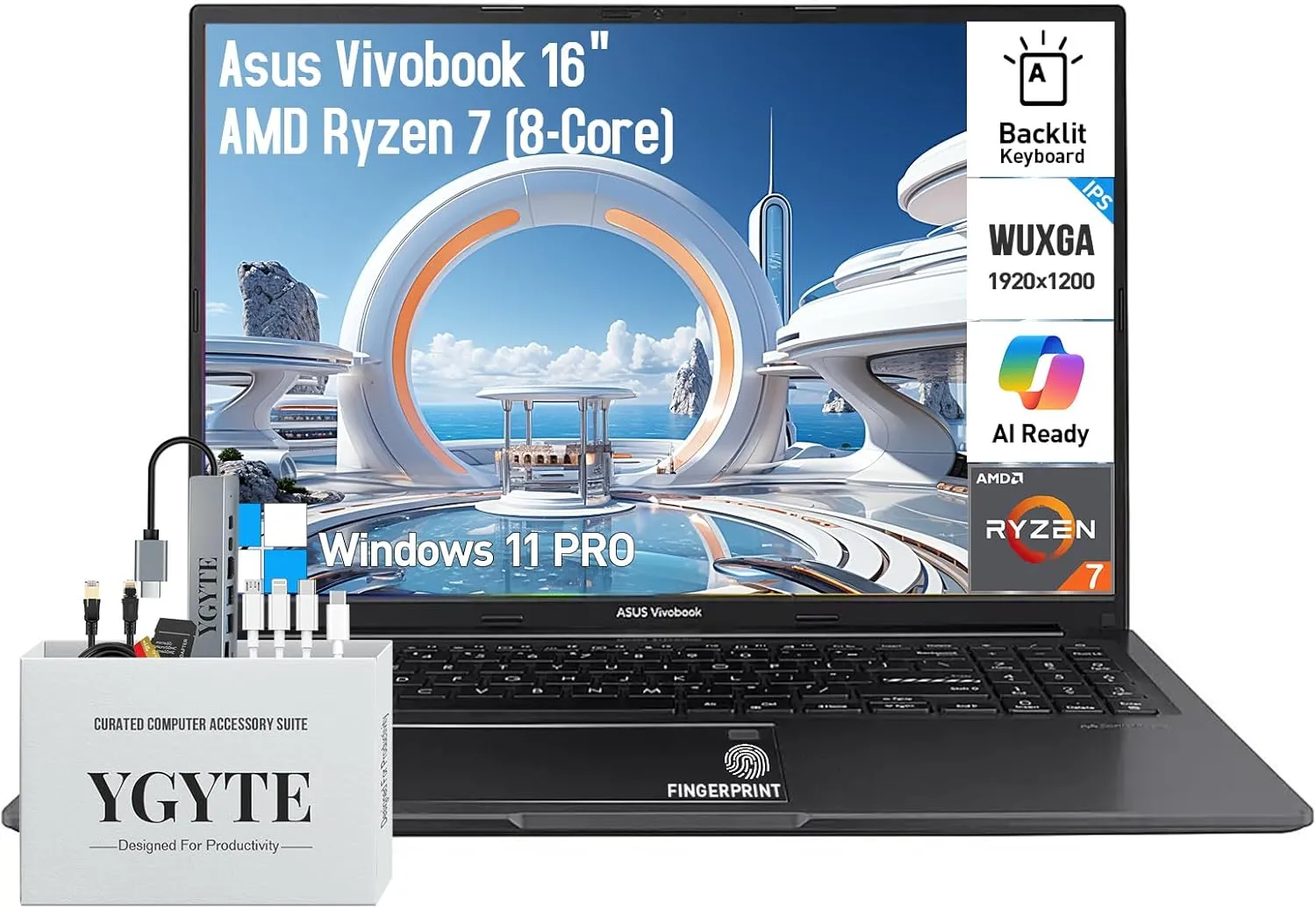 ASUS Vivobook 16 Laptop, 16 Inch WUXGA IPS Business Laptop Computer, AMD Ryzen 7 (8-Cores), 40GB RAM 1TB SSD 512GB Docking Set, Windows 11 Pro, Copilot AI, Backlit Keyboard 10-Key, Fingerprint