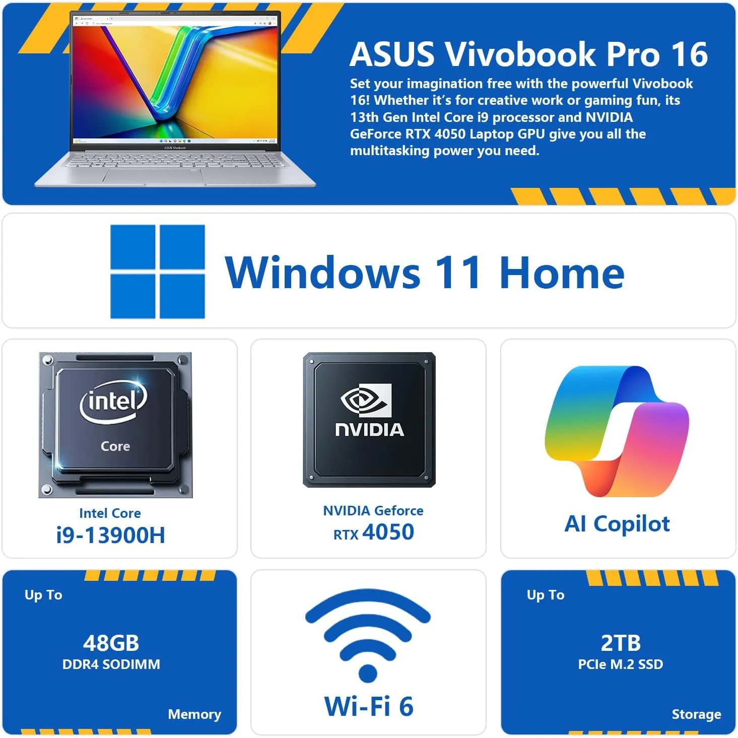 ASUS Vivobook Pro AI Copilot Business Laptop, 16" FHD , Intel Core i9-13900H, GeForce RTX 4050, 32GB RAM, 1TB SSD, Wi-Fi 6, Win 11 H, Silver, Bundle with PCO Notebook Folding Radiator, Laptop Cooler
