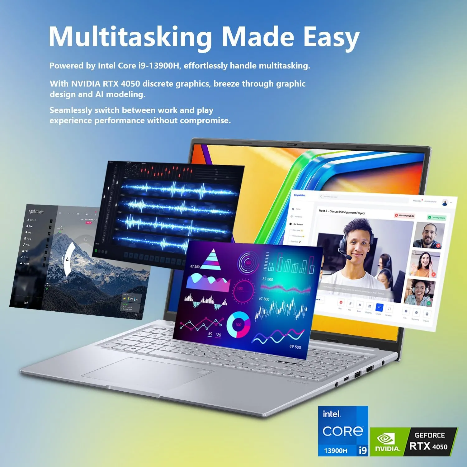ASUS Vivobook Pro AI Copilot Business Laptop, 16" FHD , Intel Core i9-13900H, GeForce RTX 4050, 32GB RAM, 1TB SSD, Wi-Fi 6, Win 11 H, Silver, Bundle with PCO Notebook Folding Radiator, Laptop Cooler