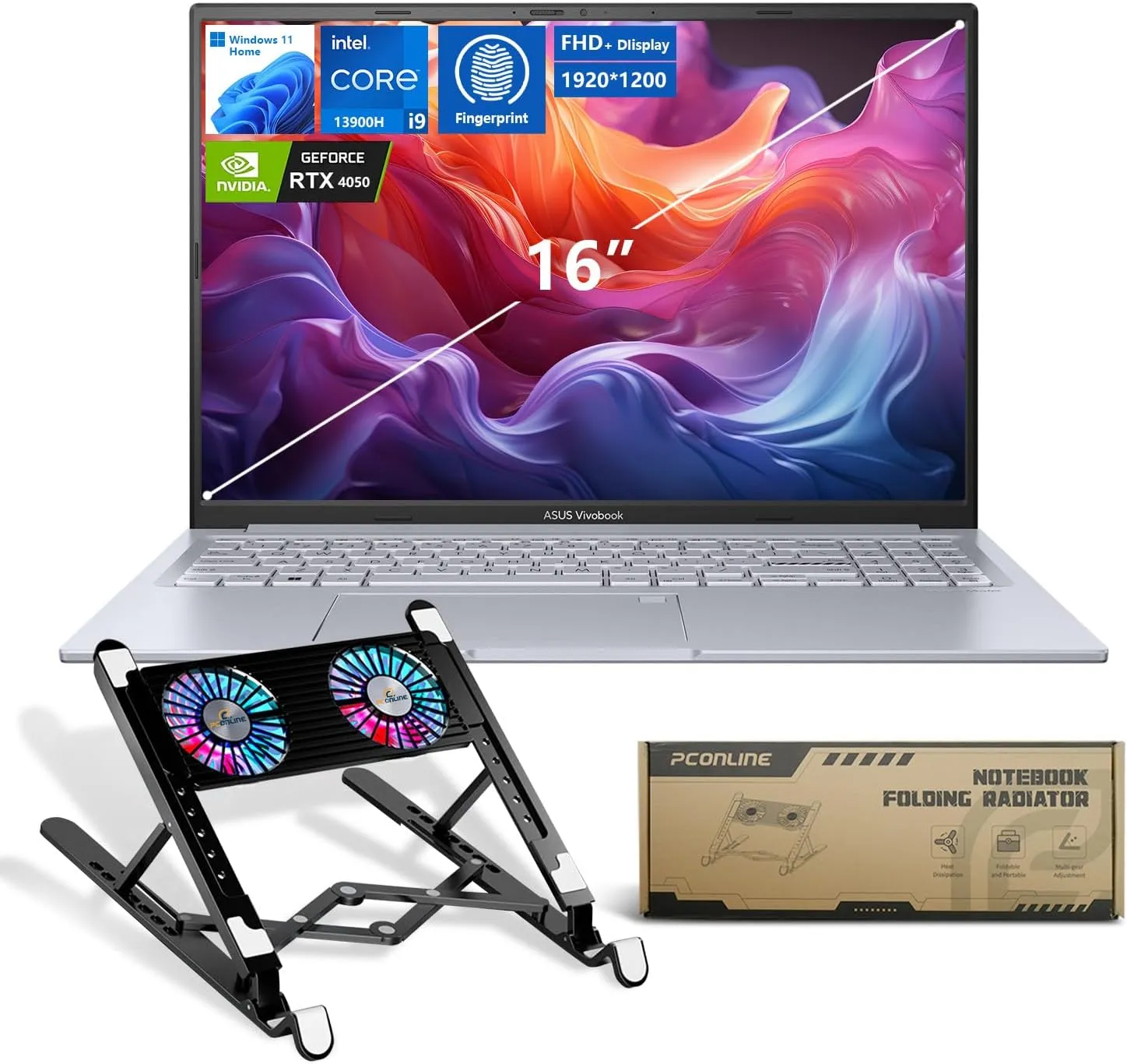 ASUS Vivobook Pro AI Copilot Business Laptop, 16" FHD , Intel Core i9-13900H, GeForce RTX 4050, 32GB RAM, 1TB SSD, Wi-Fi 6, Win 11 H, Silver, Bundle with PCO Notebook Folding Radiator, Laptop Cooler
