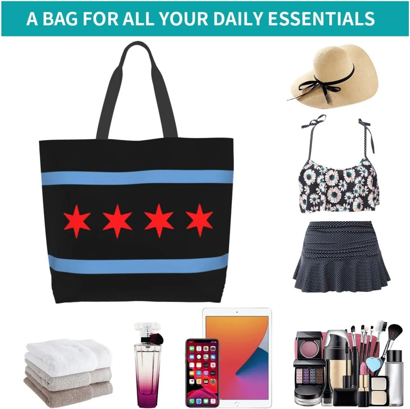 ASYG Chicago Shoulder Bag Chicago Flag Bags Storage Handle Shopping Bag Portable Chicago Bag