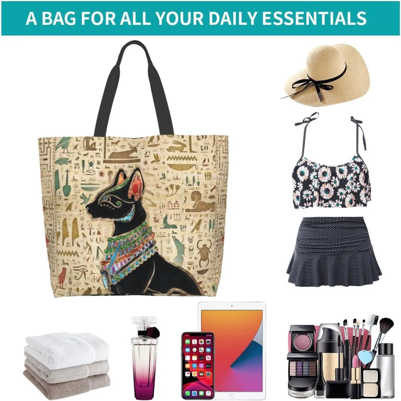 ASYG Egyptian Tote Shoulder Bag Hieroglyphs Bags Storage Handle Shopping Bag Portable Egypt Bag