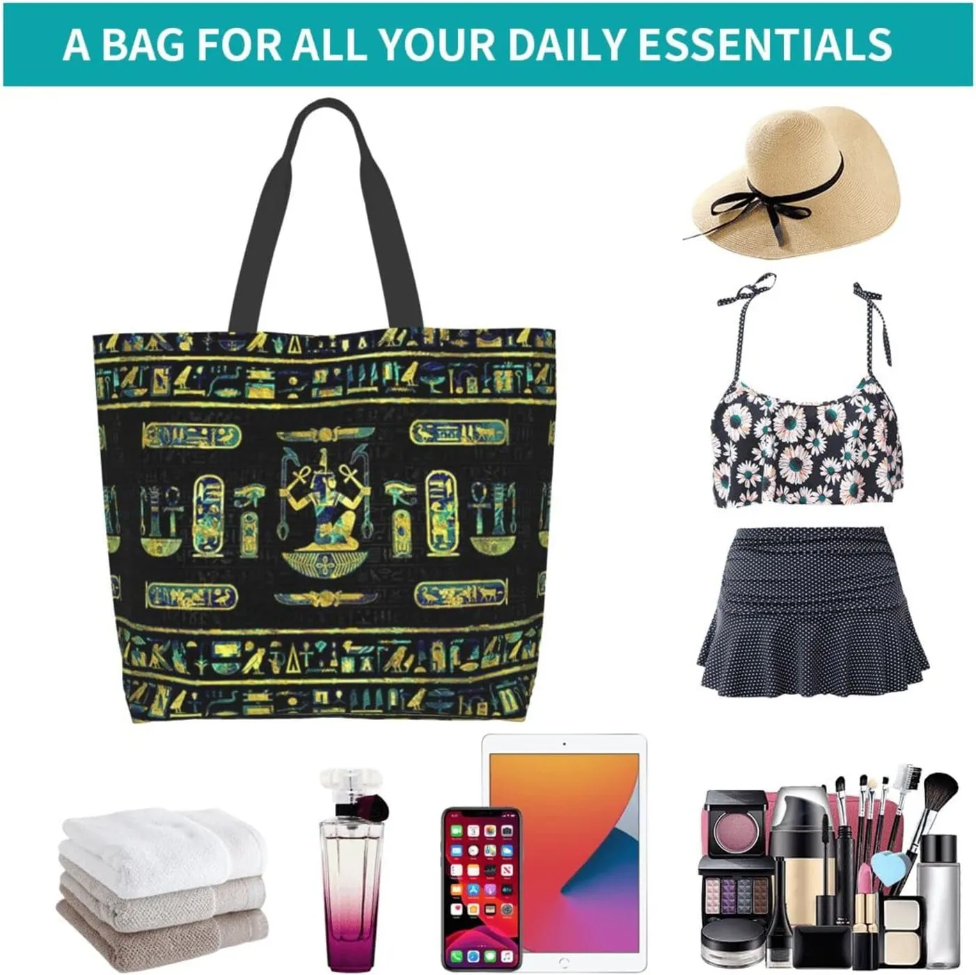 ASYG Egyptian Tote Shoulder Bag Hieroglyphs Bags Storage Handle Shopping Bag Portable Egypt Bag