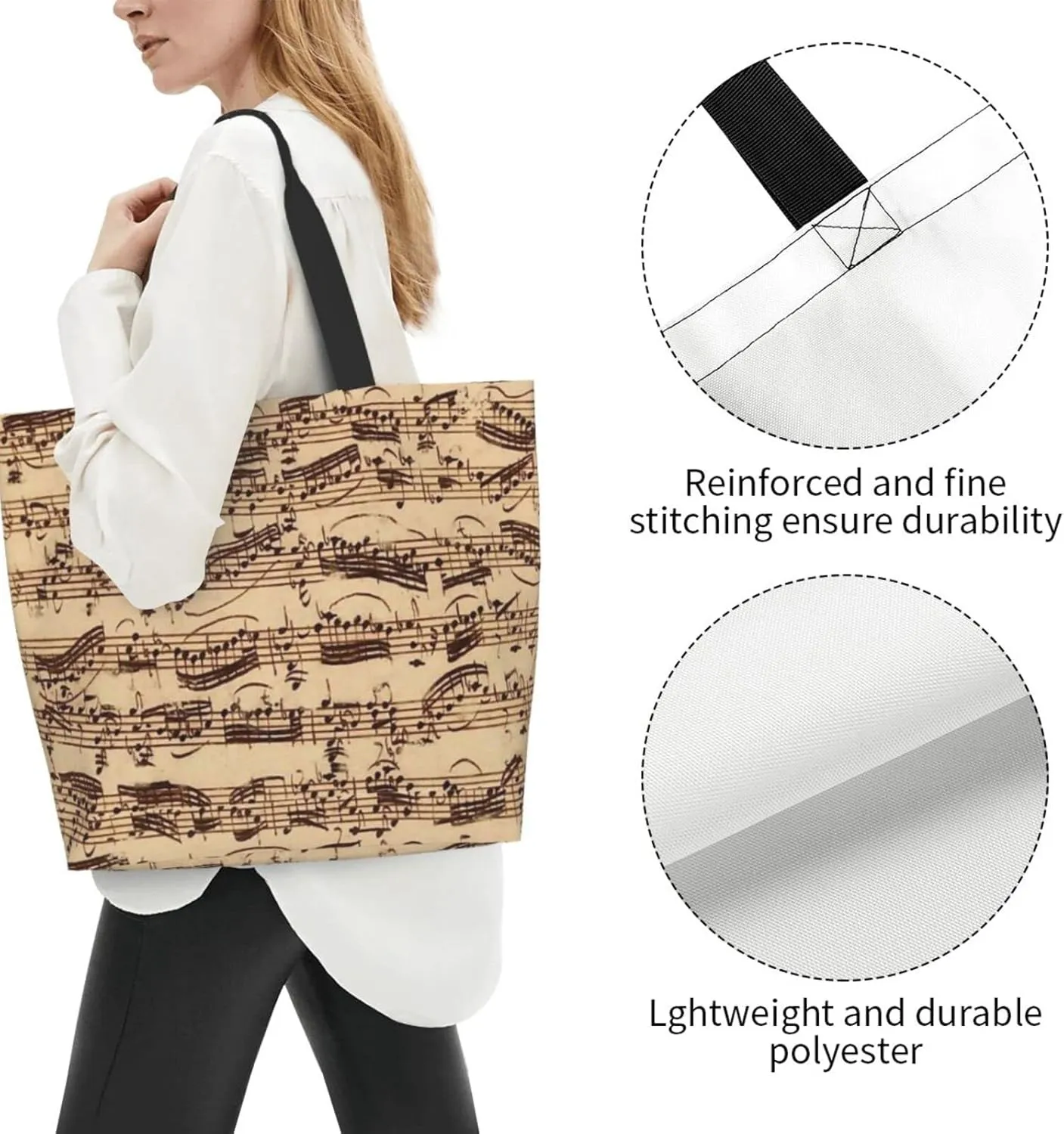 ASYG Music Tote Shoulder Bag Music Notes Bags Storage Handle Shopping Bag Portable Concert Bag