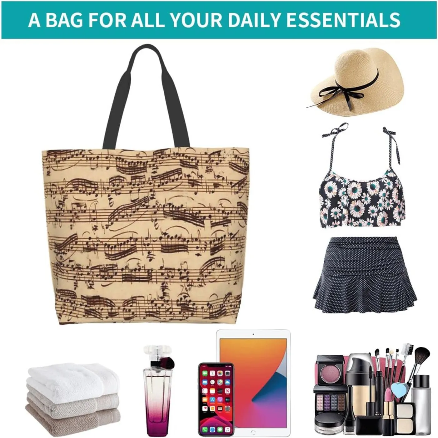 ASYG Music Tote Shoulder Bag Music Notes Bags Storage Handle Shopping Bag Portable Concert Bag