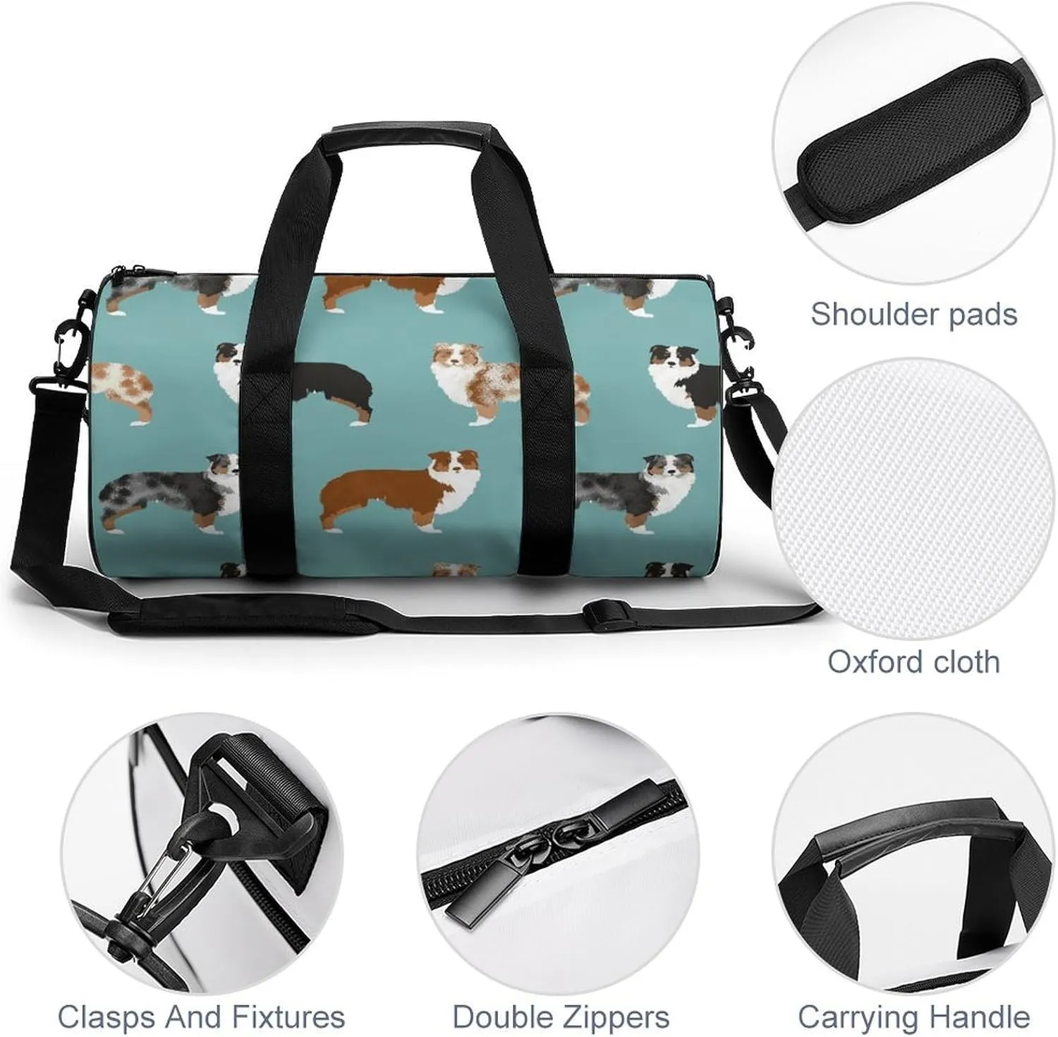 Australian Shepherds Dogs Pattern Large Capacity Cylindrical Fitness Bag, Hand-held Fitness Bag