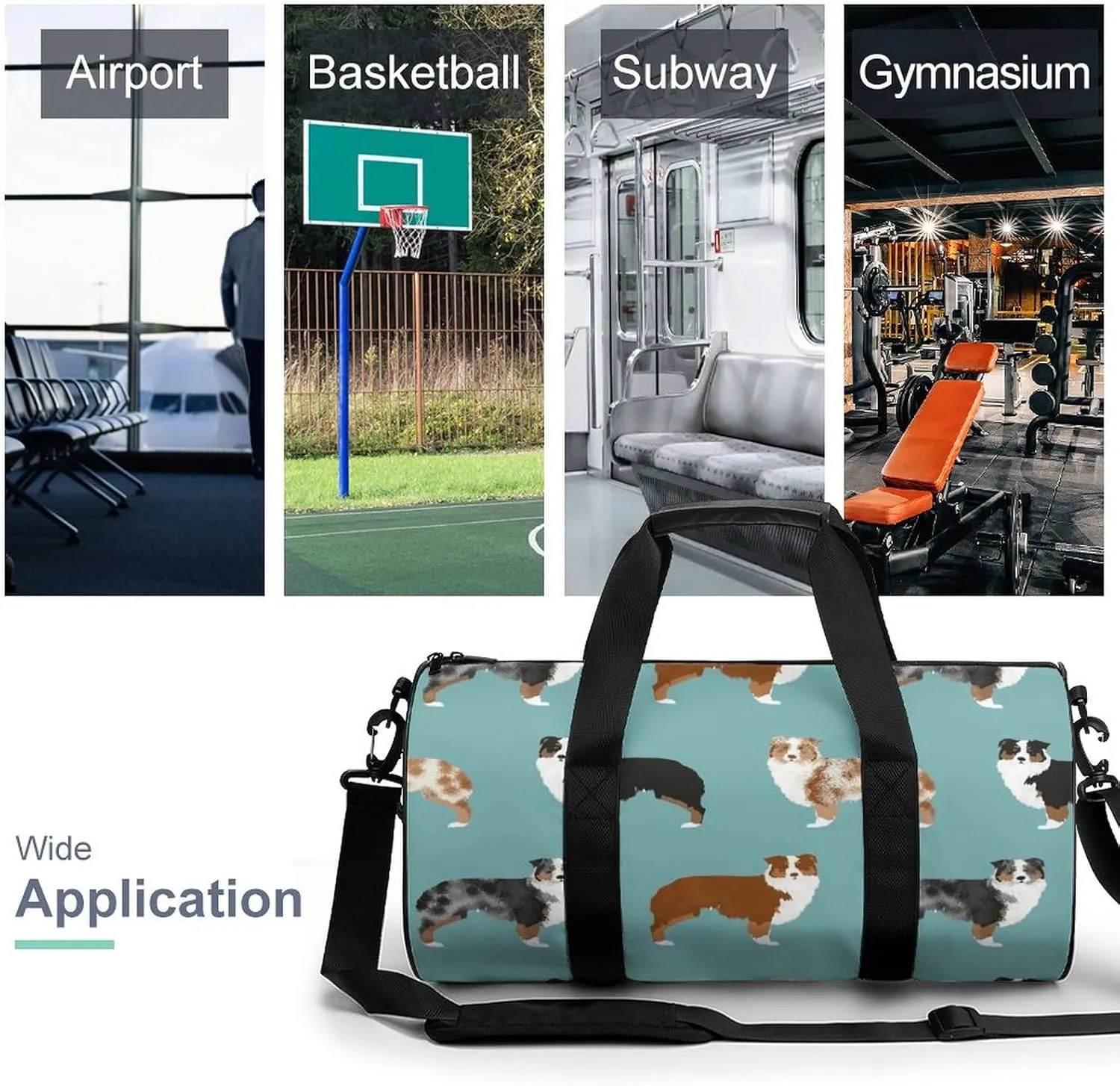 Australian Shepherds Dogs Pattern Large Capacity Cylindrical Fitness Bag, Hand-held Fitness Bag
