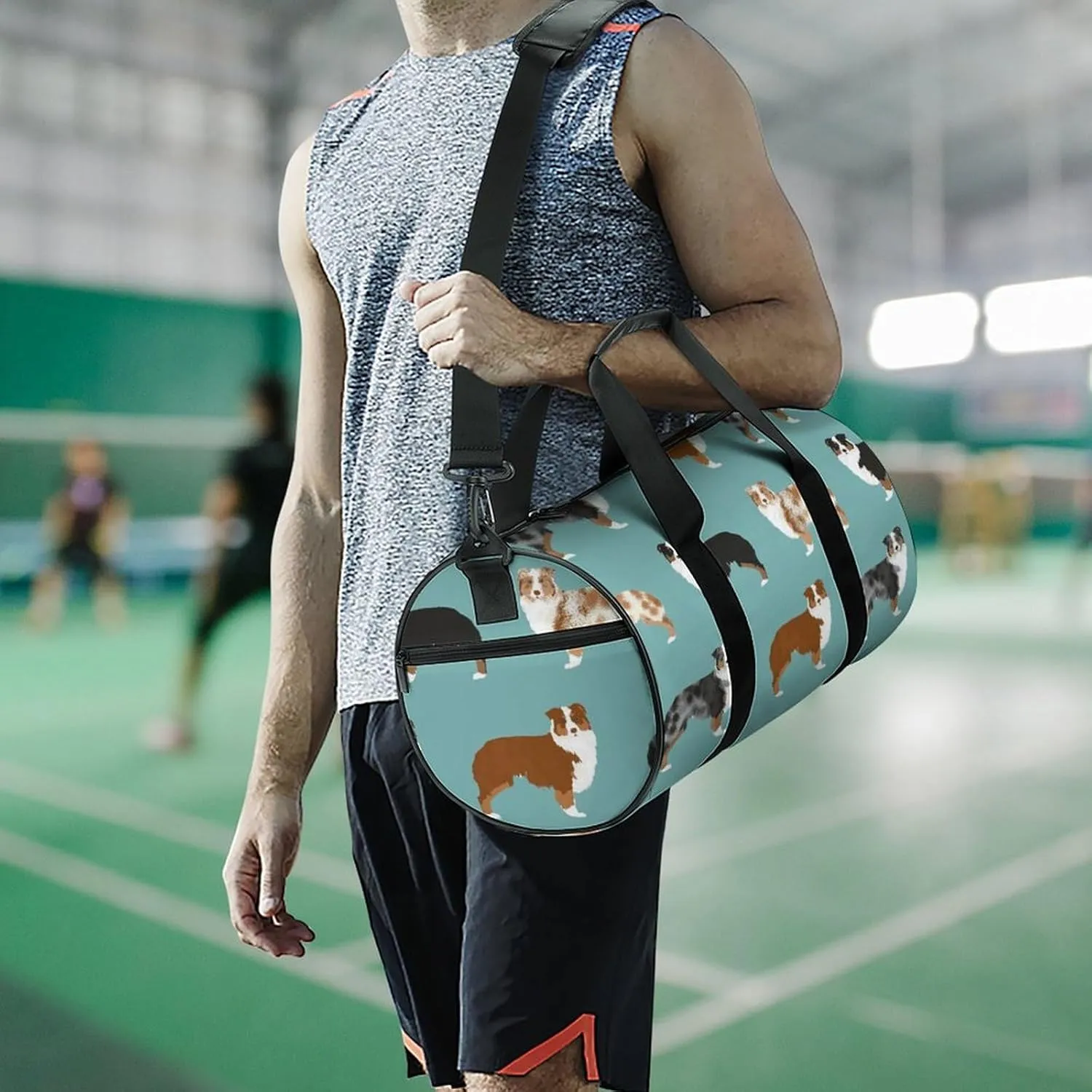 Australian Shepherds Dogs Pattern Large Capacity Cylindrical Fitness Bag, Hand-held Fitness Bag