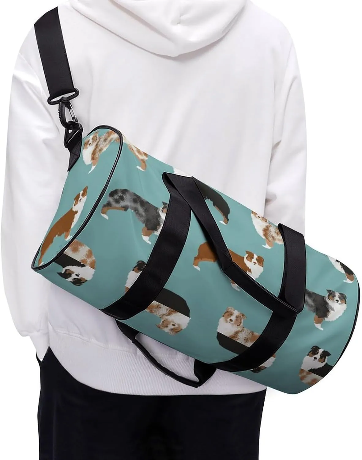 Australian Shepherds Dogs Pattern Large Capacity Cylindrical Fitness Bag, Hand-held Fitness Bag