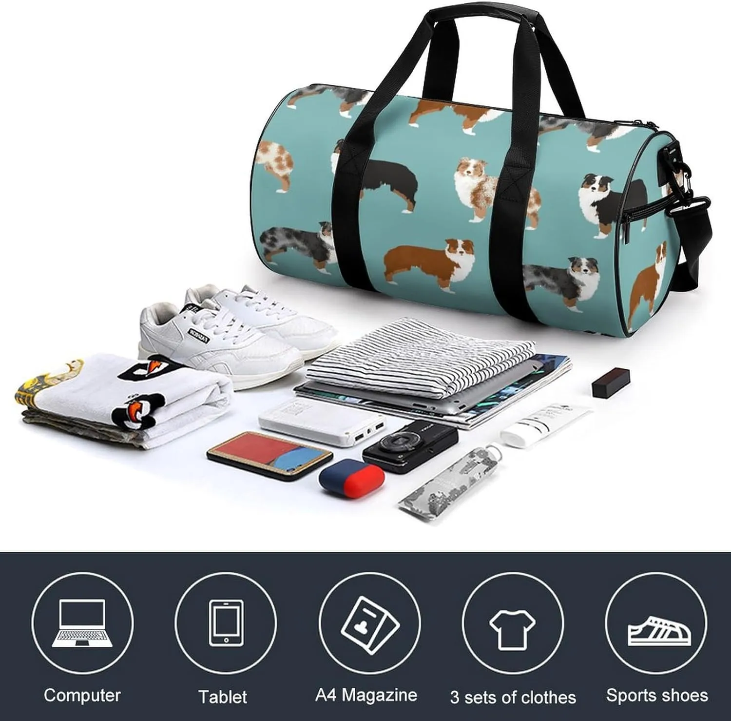 Australian Shepherds Dogs Pattern Large Capacity Cylindrical Fitness Bag, Hand-held Fitness Bag