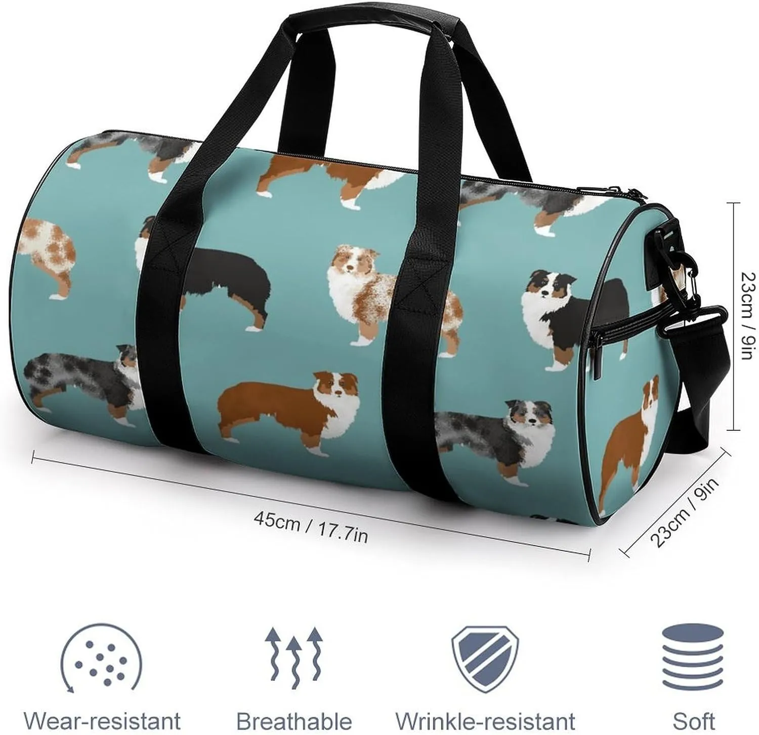 Australian Shepherds Dogs Pattern Large Capacity Cylindrical Fitness Bag, Hand-held Fitness Bag