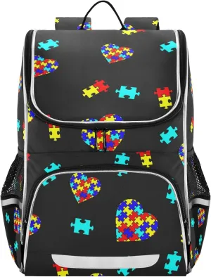 Autism Awareness Colorful Puzzle Backpack with Reflective Strip for Kids Boys Girls Elementary School Bag Removable Chest Strap