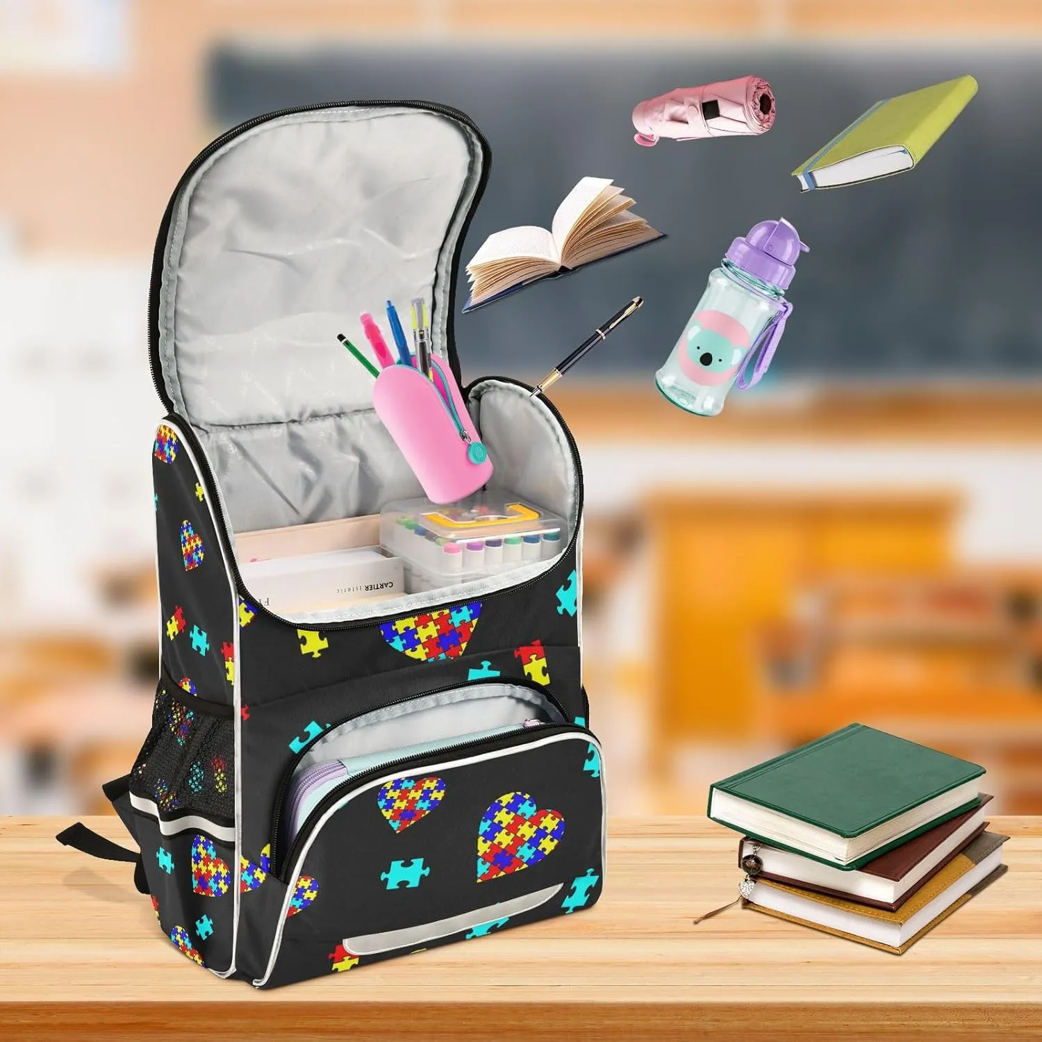 Autism Awareness Colorful Puzzle Backpack with Reflective Strip for Kids Boys Girls Elementary School Bag Removable Chest Strap