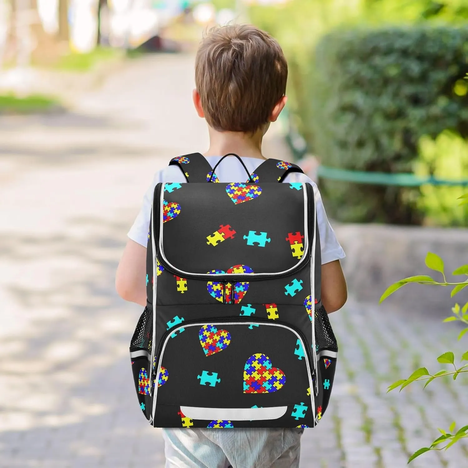 Autism Awareness Colorful Puzzle Backpack with Reflective Strip for Kids Boys Girls Elementary School Bag Removable Chest Strap