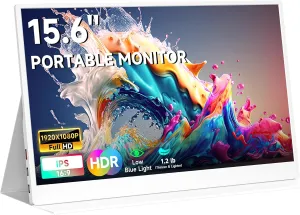 AYY Portable Monitor 15.6inch 1080P FHD, USB-C HDMI Computer Display, HDR IPS Gaming Monitor w/Premium Smart Cover & Screen Protector, Dual Speakers, for Laptop PC MAC Phone PS4 Xbox Switch, White