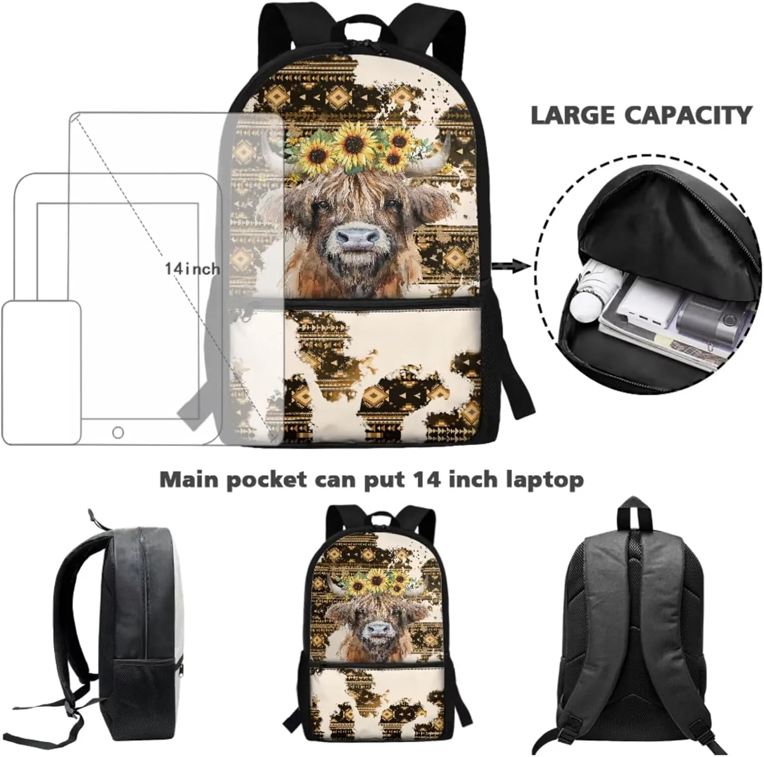 Aztec Vintage Highland Cow Sunflower Print 3 Pack Backpack Purse for Girls Boys Casual Schoolbag School Bookbag with Lunch Box Pencil Case Kindergarten Rucksack Kids Daypack Travel Bags