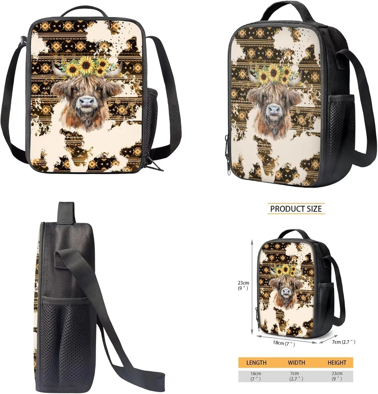Aztec Vintage Highland Cow Sunflower Print 3 Pack Backpack Purse for Girls Boys Casual Schoolbag School Bookbag with Lunch Box Pencil Case Kindergarten Rucksack Kids Daypack Travel Bags