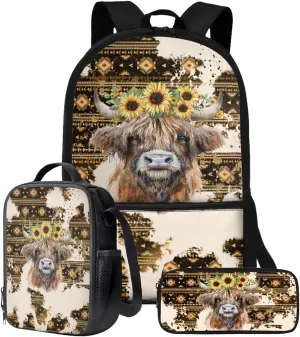 Aztec Vintage Highland Cow Sunflower Print 3 Pack Backpack Purse for Girls Boys Casual Schoolbag School Bookbag with Lunch Box Pencil Case Kindergarten Rucksack Kids Daypack Travel Bags