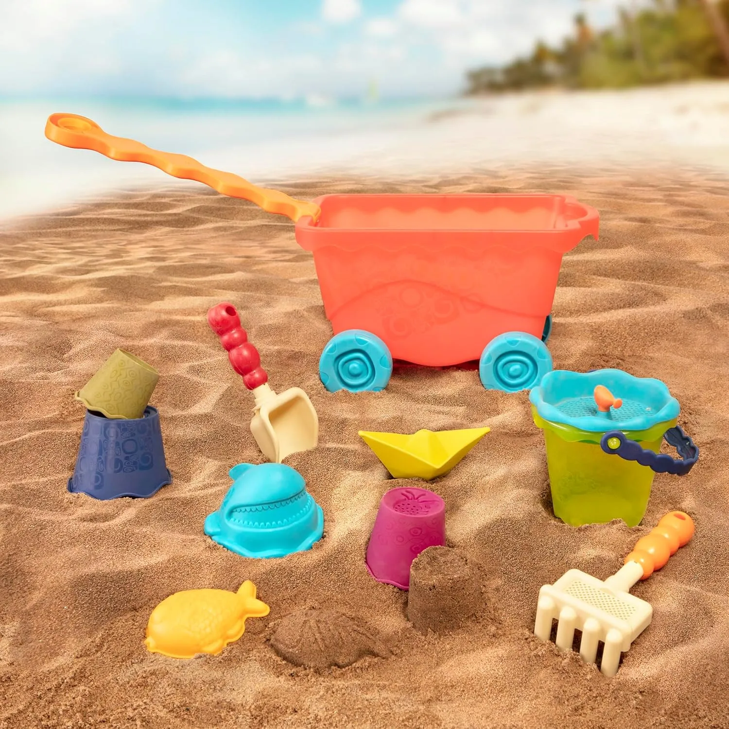 B. toys- Wavy-Wagon- Red- Water Play- Travel Beach Buggy- 11 Funky Sand Toys – Phthalates and BPA Free – 18 months  