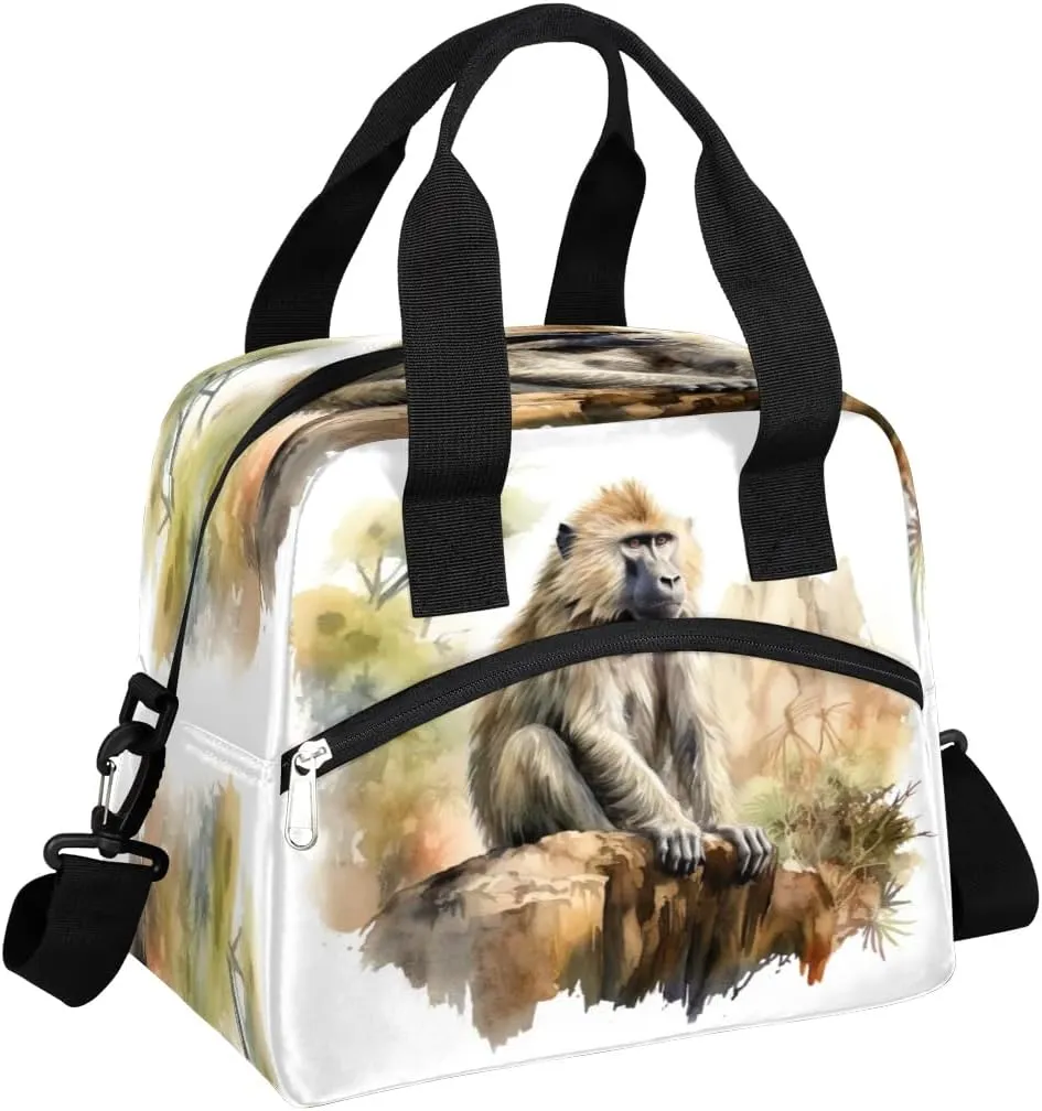 Baboon Primate Monkey Insulated Lunch Bag for Women Men Reusable Waterproof Lunch Box Cooler Tote Bag One shoulder portable meal bag Portable Adult Lunchbox for Work Picnic Hiking Beach