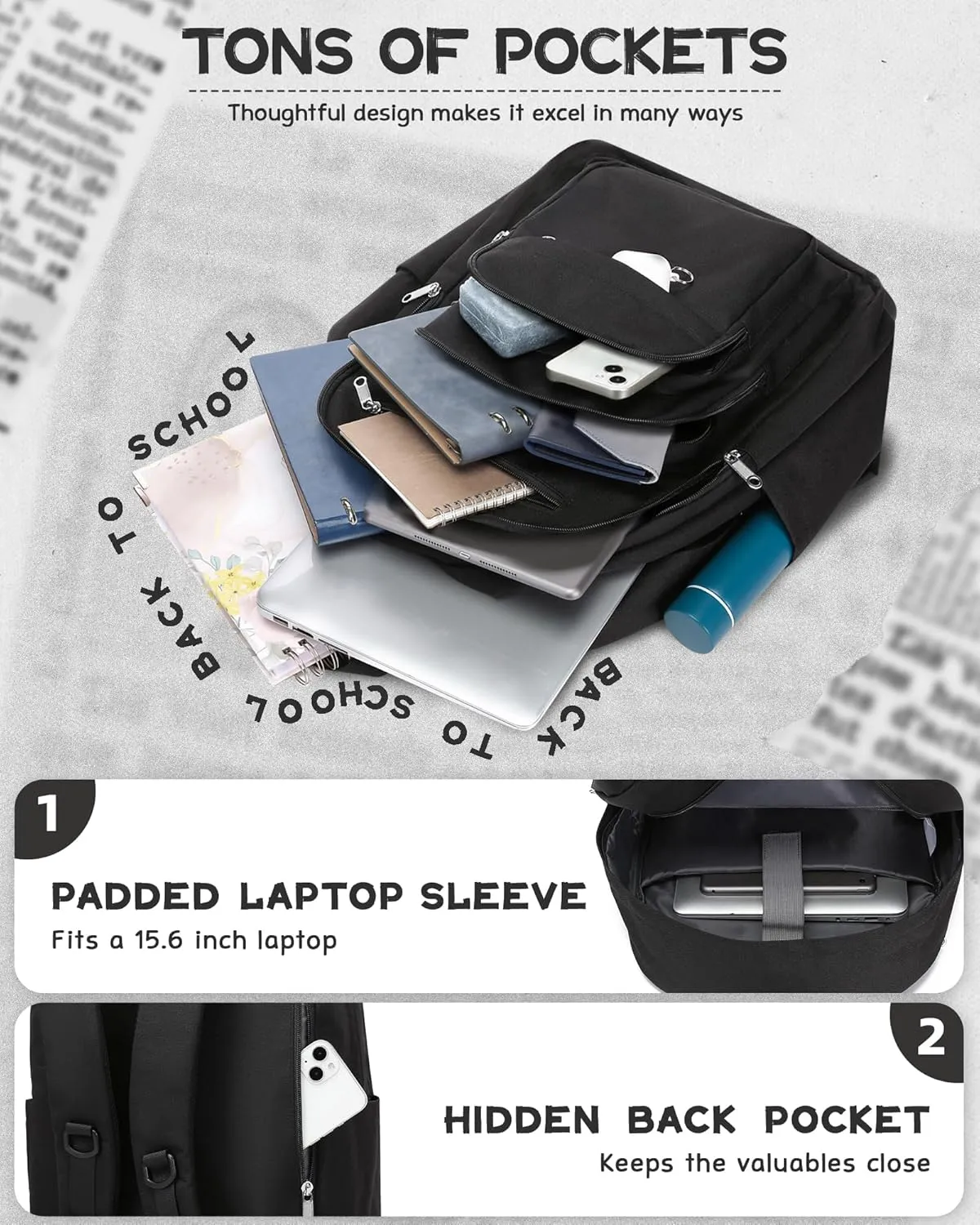 Backpack for Middle High School Teen Boys Girls Large College Bookbag with Laptop Compartment Back to School Book Bags Mochilas Escolares para Niños Niñas Adolescentes (Black, Solid)