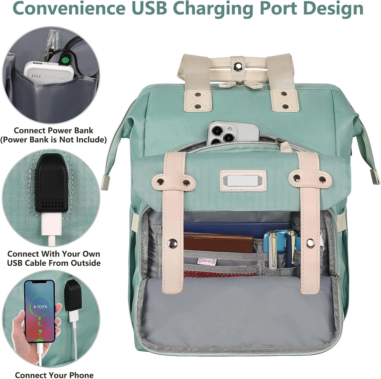 Backpack for Women, 15.6 Inch Wide Open Laptop Backpack for Teacher Doctor Nurse, Water Resistant Work College Shoulder Bag With RFID Anti Theft USB Charging Port