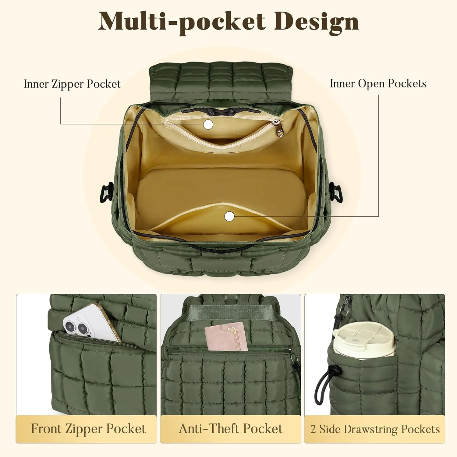 Backpack for Women - Lightweight Puffer Quilted Travel Backpack - Small Casual Daily Daypack Purse for Women - Cute Fashion Carry on Daypack, Green