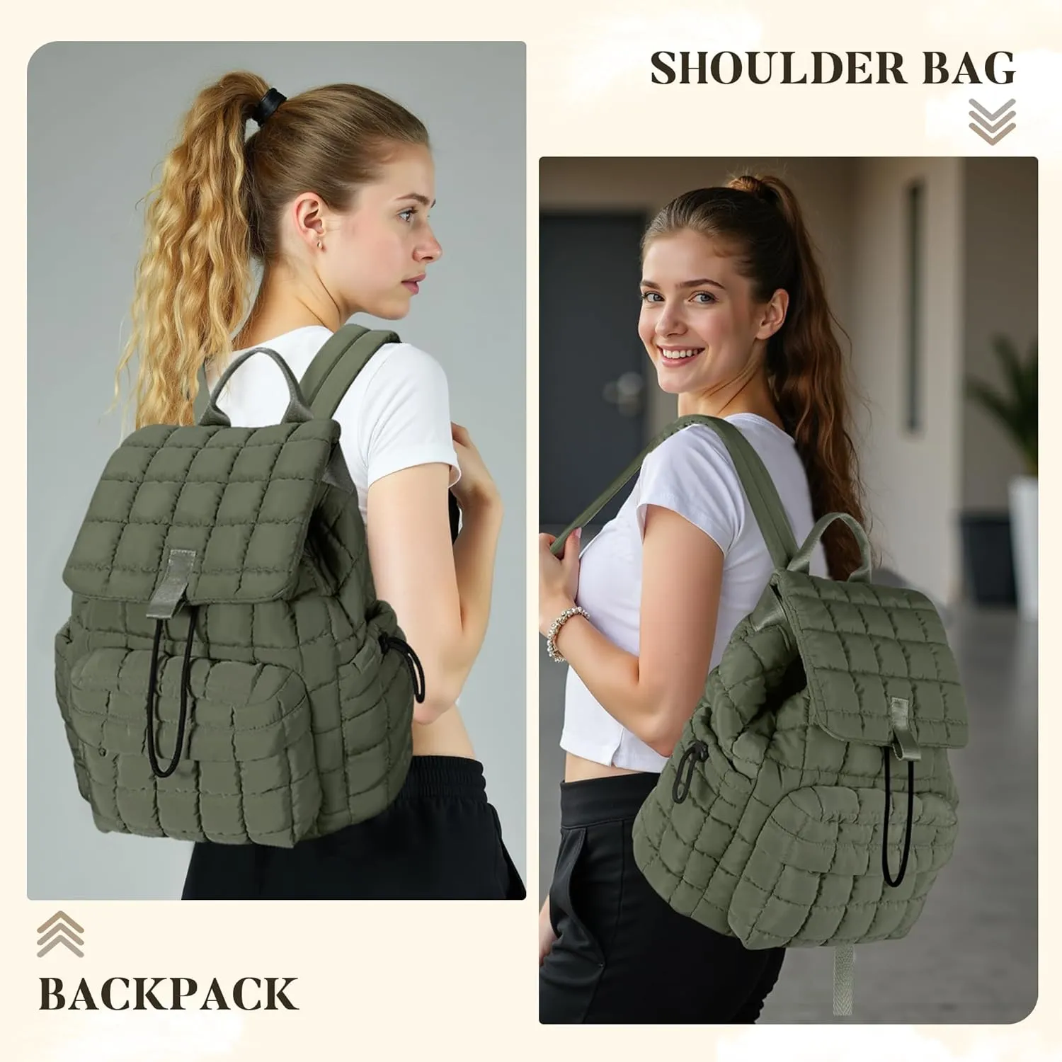 Backpack for Women - Lightweight Puffer Quilted Travel Backpack - Small Casual Daily Daypack Purse for Women - Cute Fashion Carry on Daypack, Green