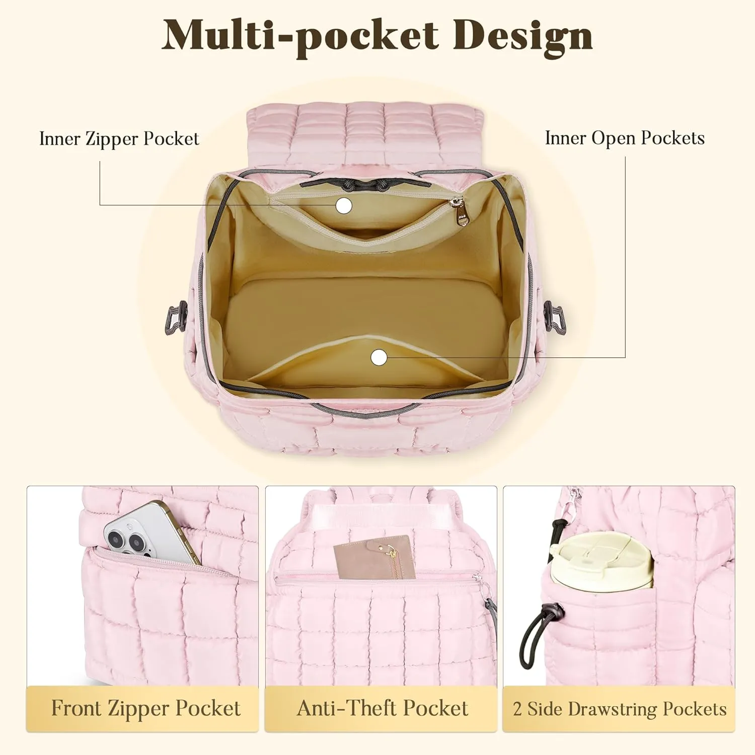 Backpack for Women - Lightweight Puffer Quilted Travel Backpack - Small Casual Daily Daypack Purse for Women - Cute Fashion Carry on Daypack, Pink