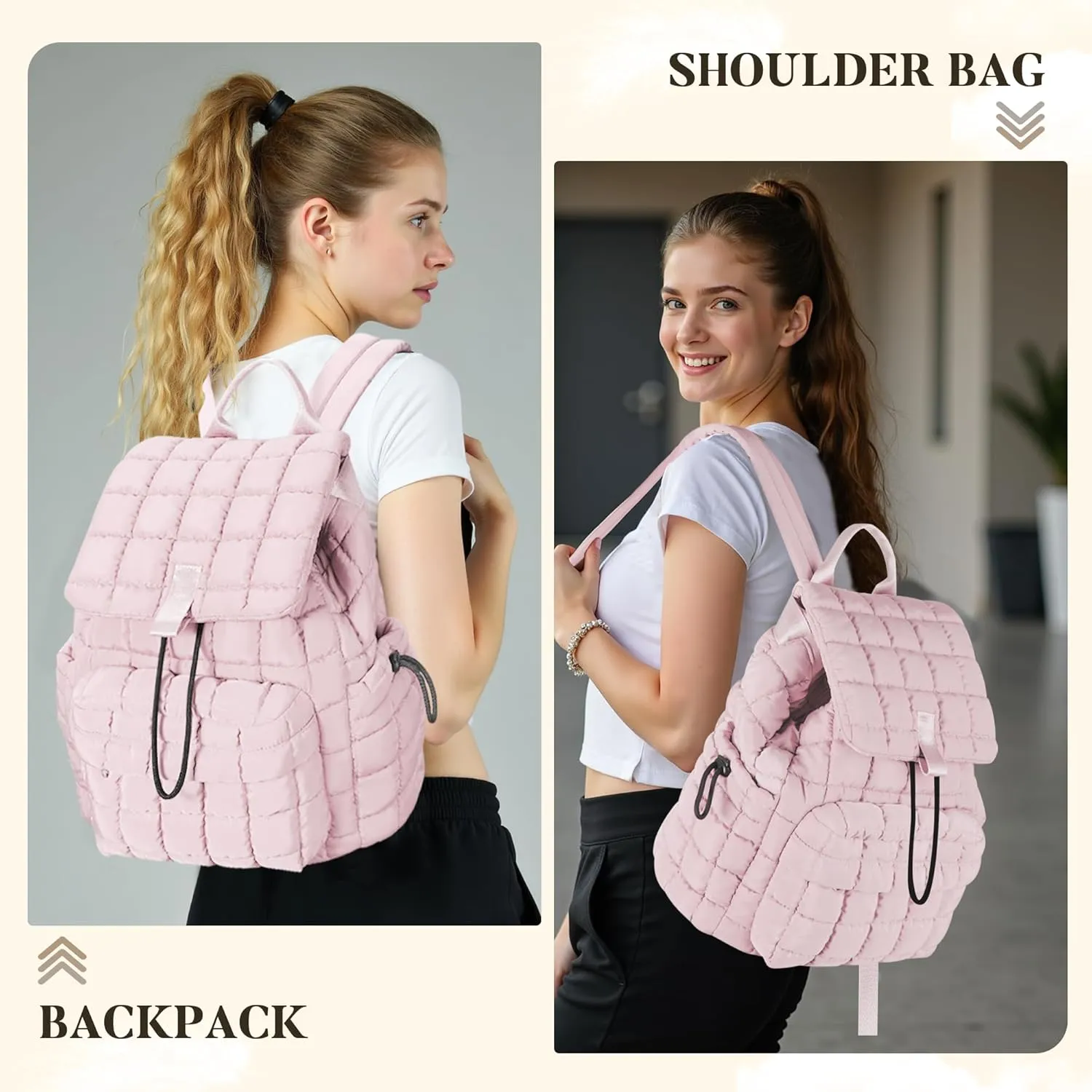 Backpack for Women - Lightweight Puffer Quilted Travel Backpack - Small Casual Daily Daypack Purse for Women - Cute Fashion Carry on Daypack, Pink