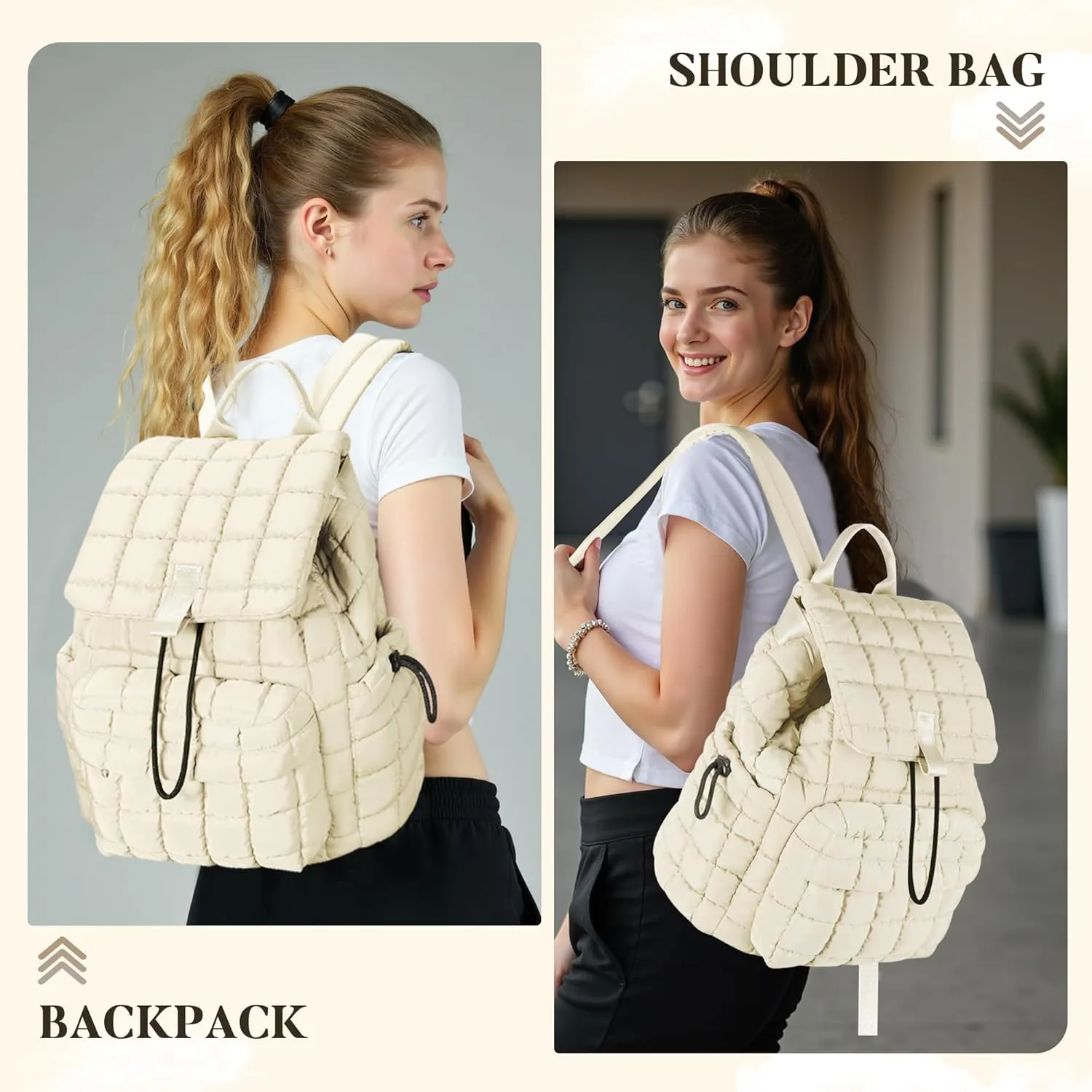 Backpack for Women - Lightweight Puffer Quilted Travel Backpack - Small Casual Daily Daypack Purse for Women - Cute Fashion Carry on Daypack, White