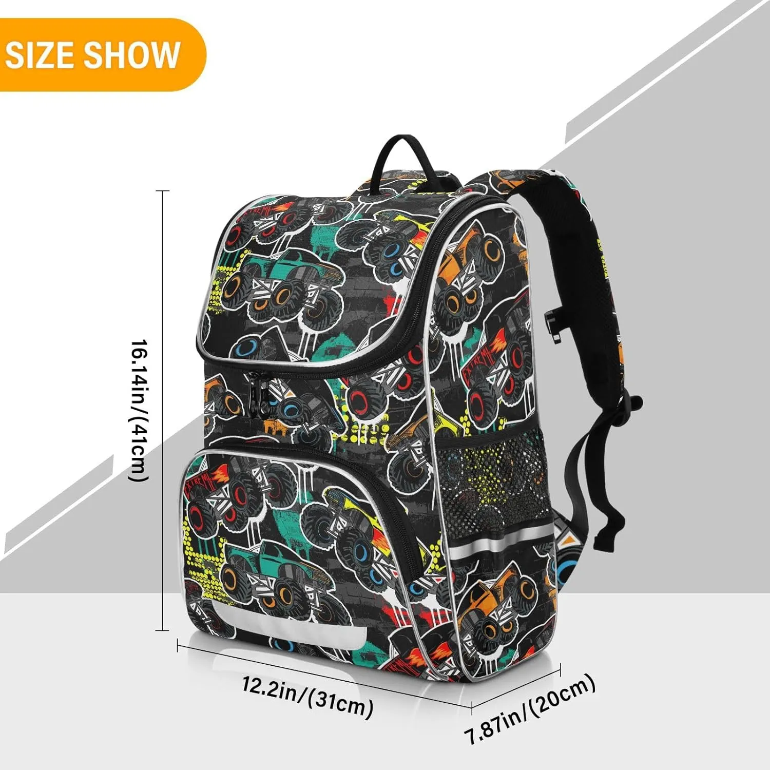 Backpack Monster Truck Car School Backpack Travel Hiking Large Capacity Causal Daypack Bookbag Laptop Schoolbag with Reflective Tape for Boys Girls Adults