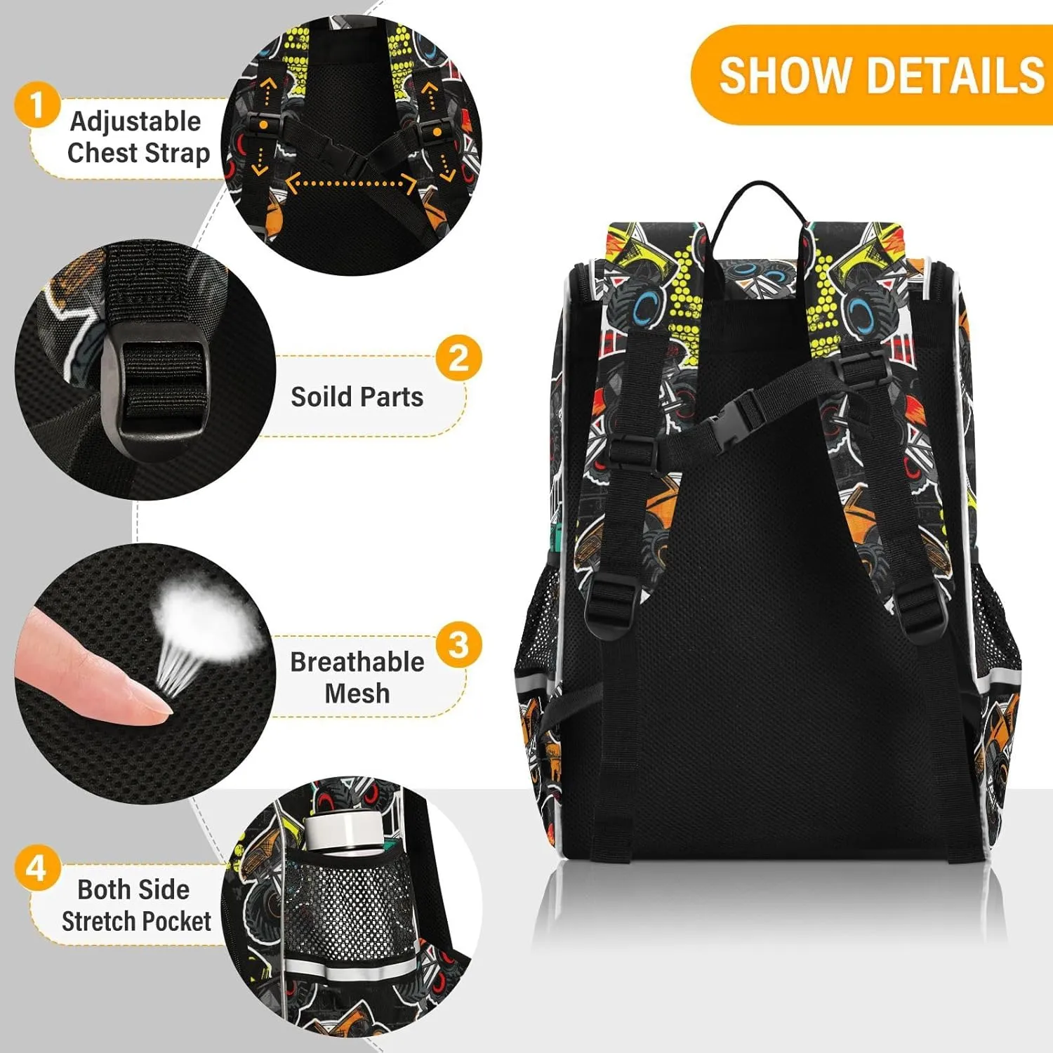 Backpack Monster Truck Car School Backpack Travel Hiking Large Capacity Causal Daypack Bookbag Laptop Schoolbag with Reflective Tape for Boys Girls Adults