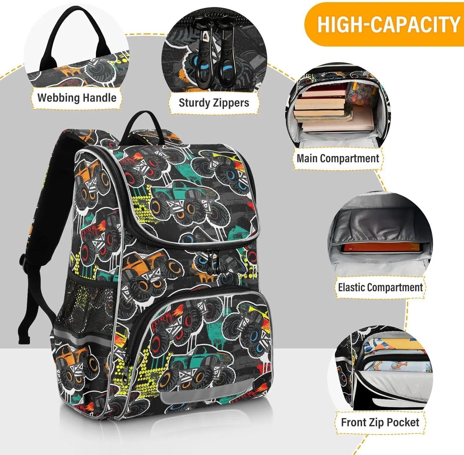 Backpack Monster Truck Car School Backpack Travel Hiking Large Capacity Causal Daypack Bookbag Laptop Schoolbag with Reflective Tape for Boys Girls Adults