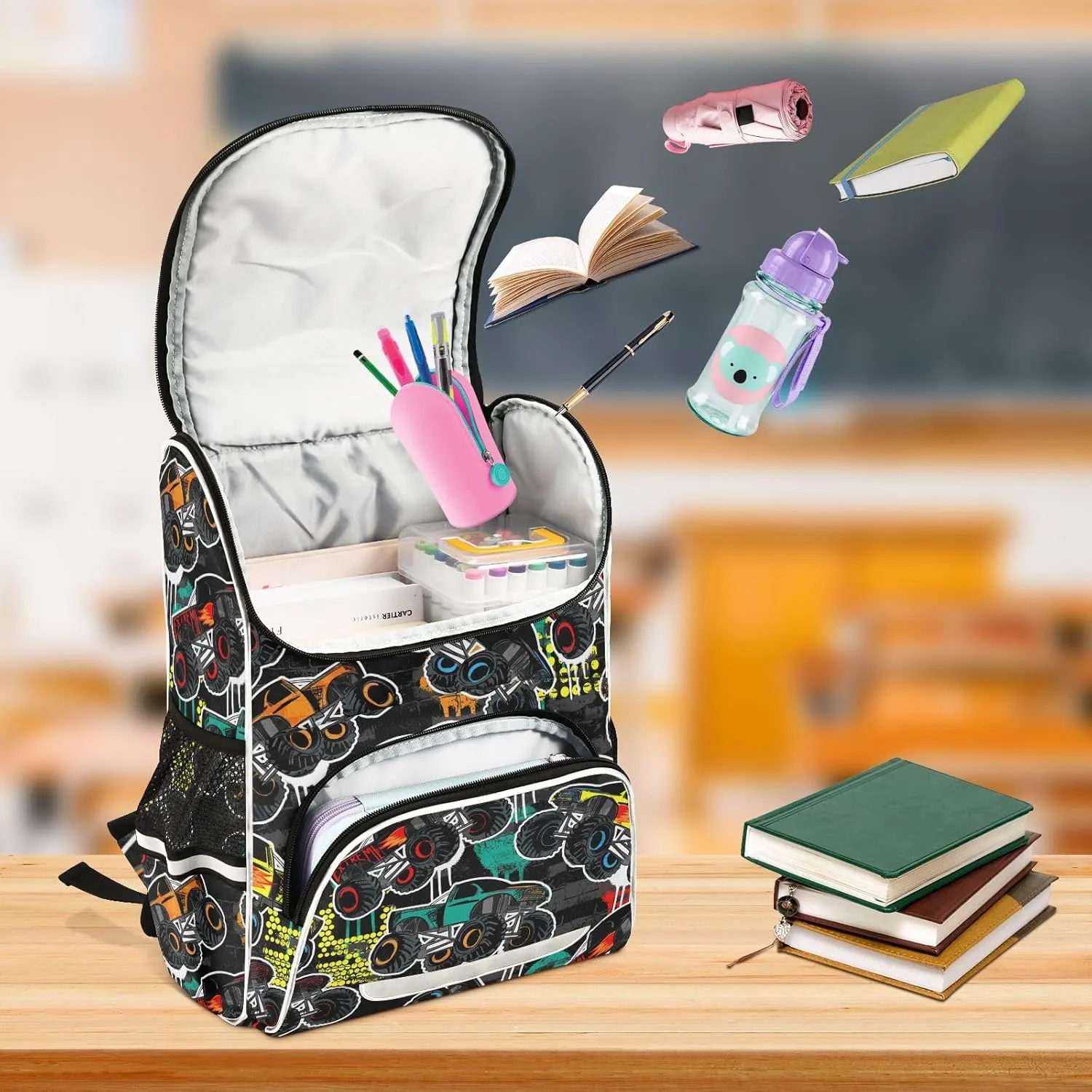 Backpack Monster Truck Car School Backpack Travel Hiking Large Capacity Causal Daypack Bookbag Laptop Schoolbag with Reflective Tape for Boys Girls Adults