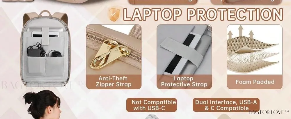 BagForLove - 3 Inch Anti Theft Laptop Bag With USB A & C Charging Port