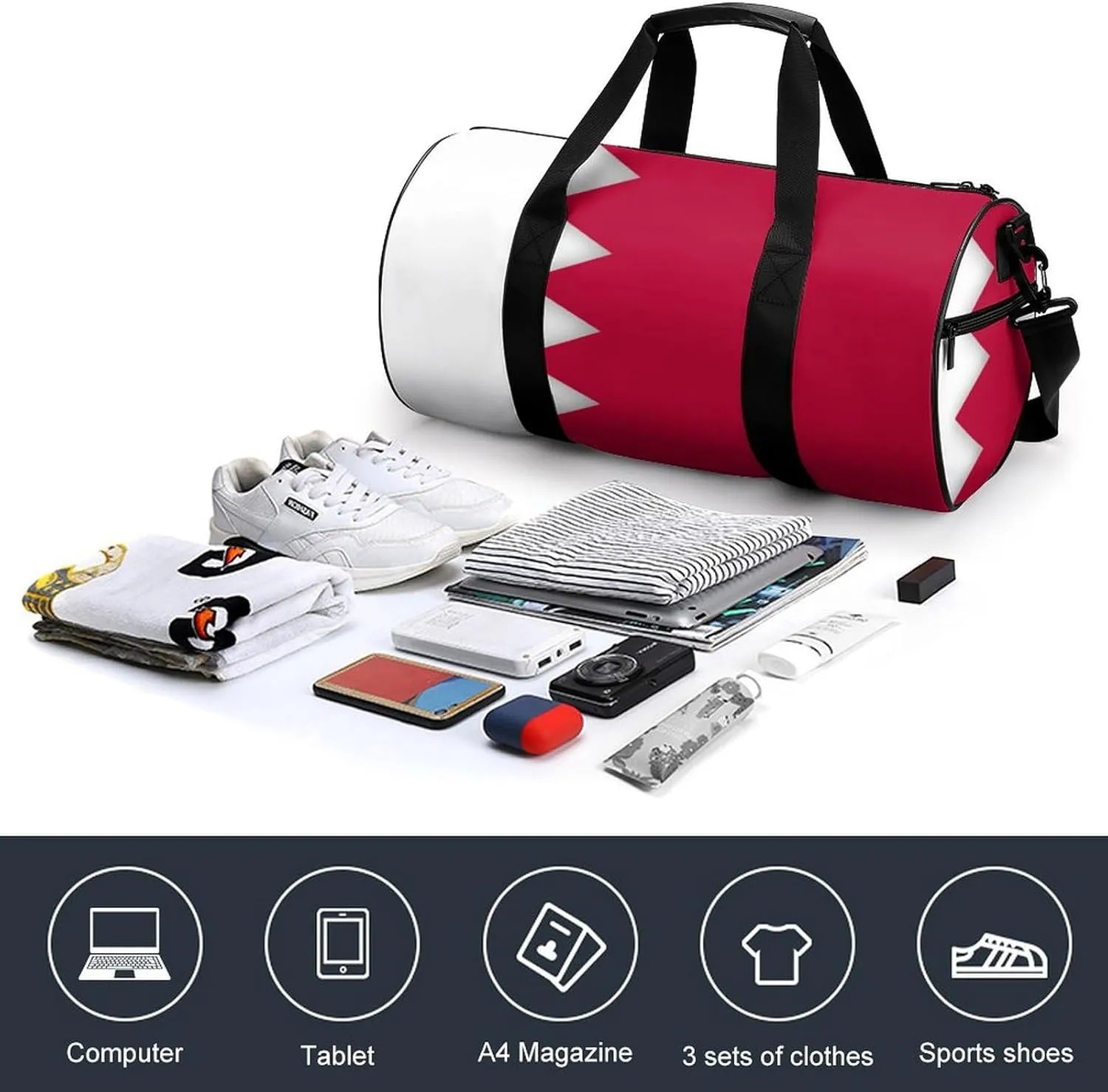 Bahrain Flag Large Gym Duffel Bag with Wet Pocket for Men Women Travel Workout