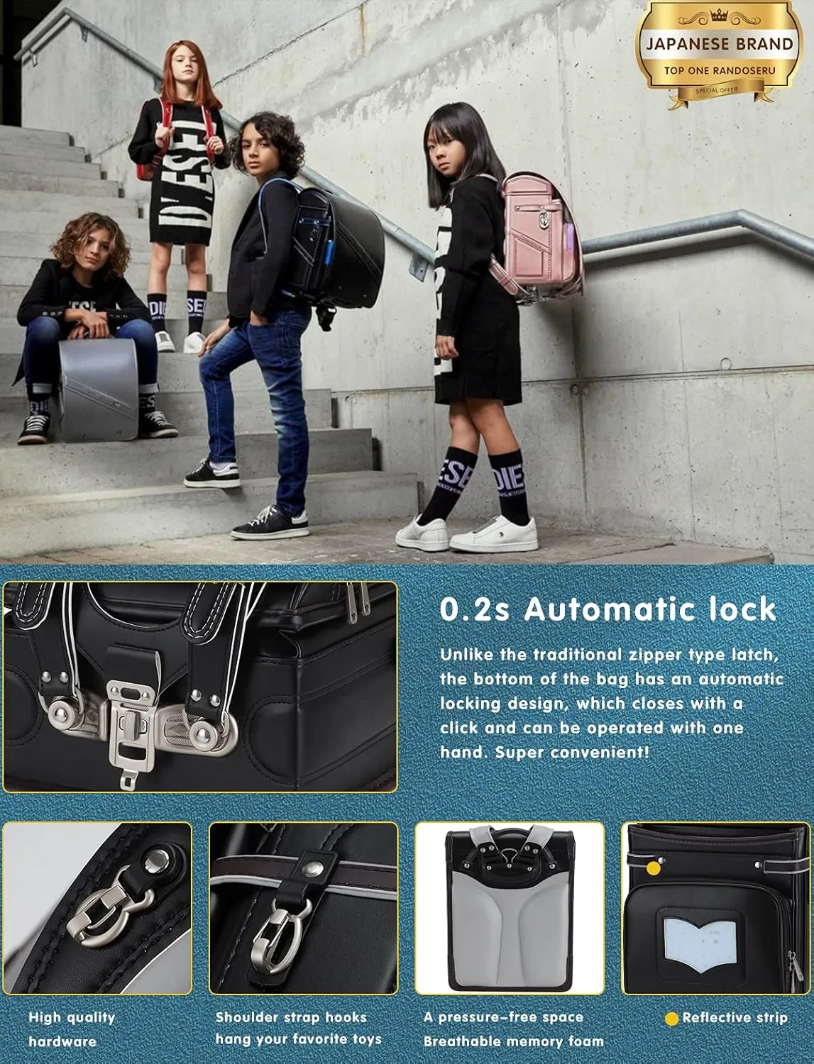 Baobab's wish Ransel Randoseru Backpack Semi-automatic satchel Japanese school bag for girls and boys PU leather bab-rng28 (Green)