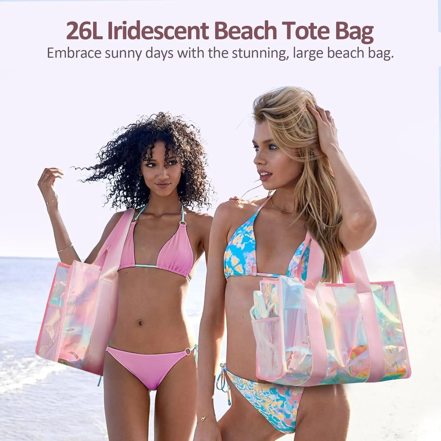 Beach Bag 26L Large Iridescent Waterproof Beach Tote Bag for Women with Zipper & Phone Pouch Sand/Tip-Proof Crossbody
