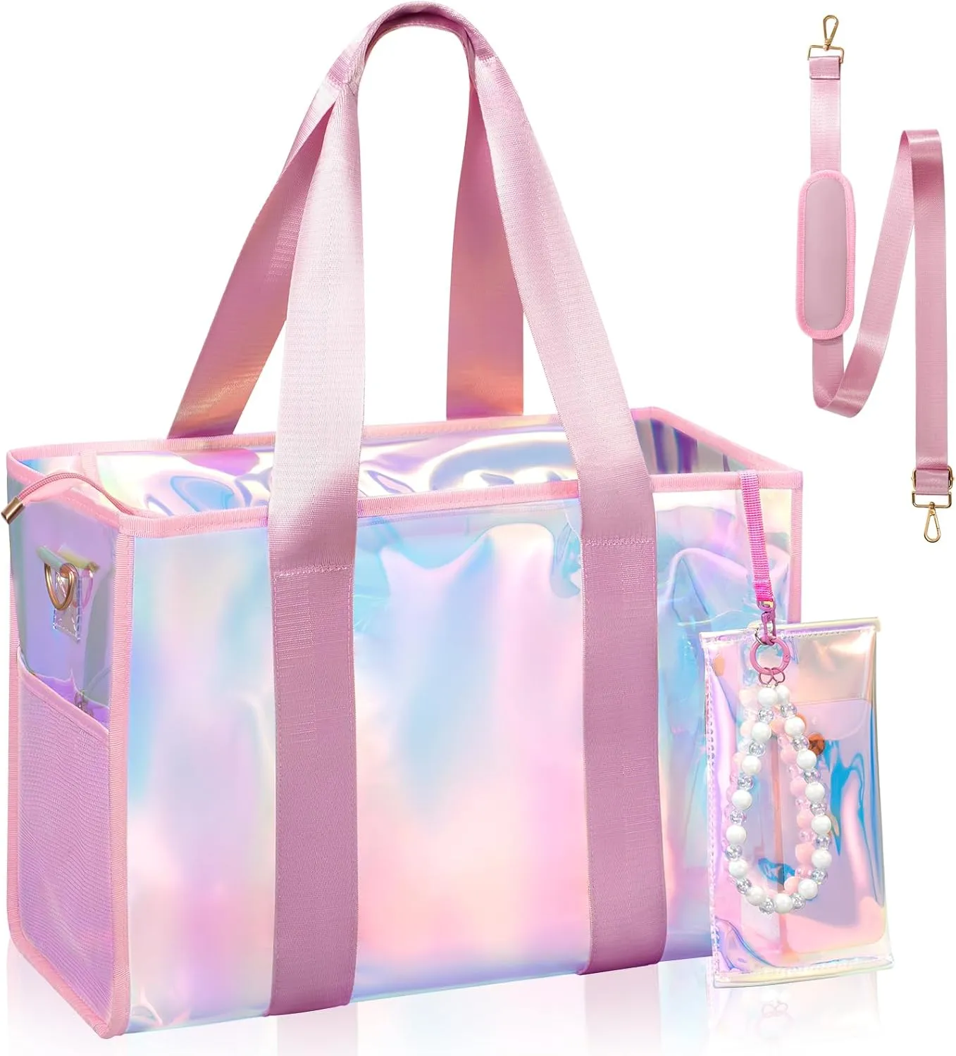Beach Bag 26L Large Iridescent Waterproof Beach Tote Bag for Women with Zipper & Phone Pouch Sand/Tip-Proof Crossbody