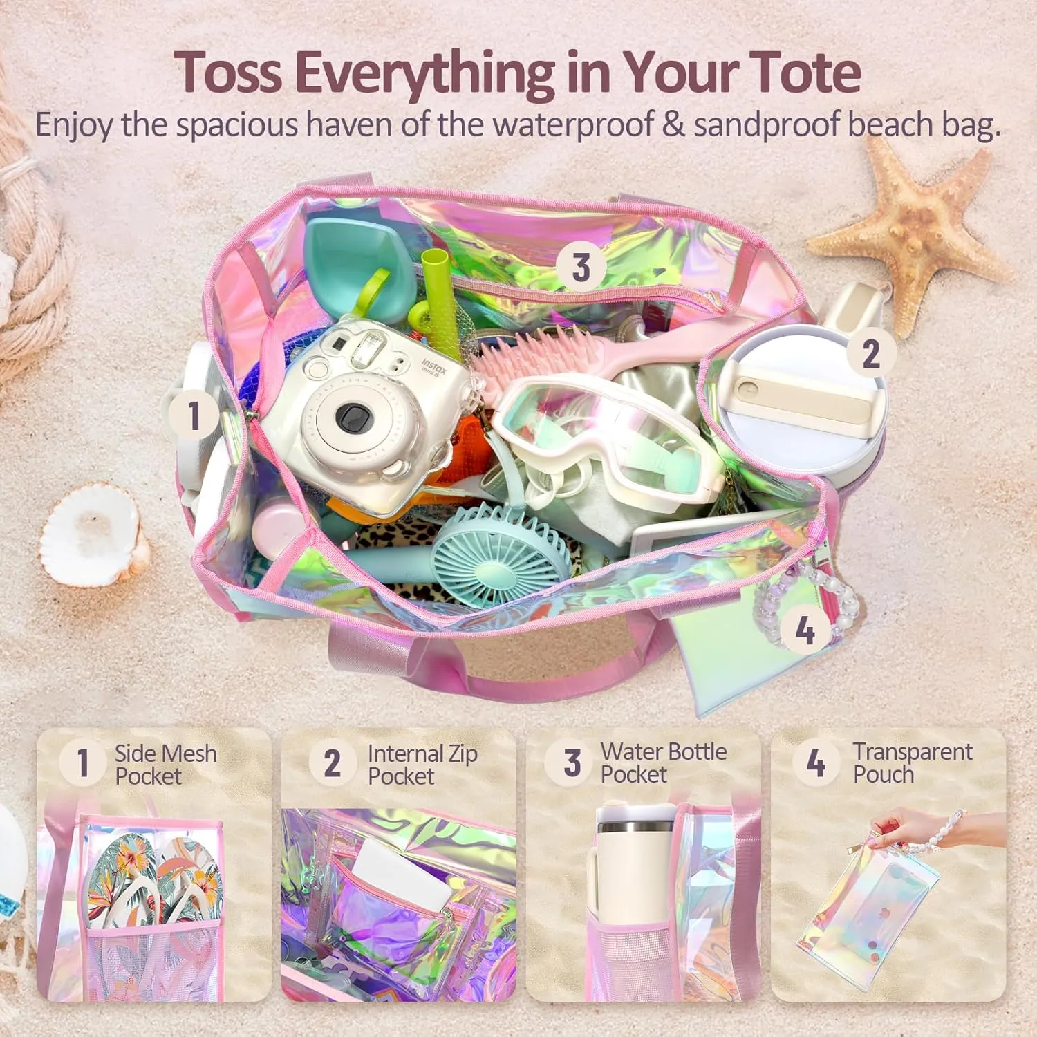 Beach Bag 26L Large Iridescent Waterproof Beach Tote Bag for Women with Zipper & Phone Pouch Sand/Tip-Proof Crossbody