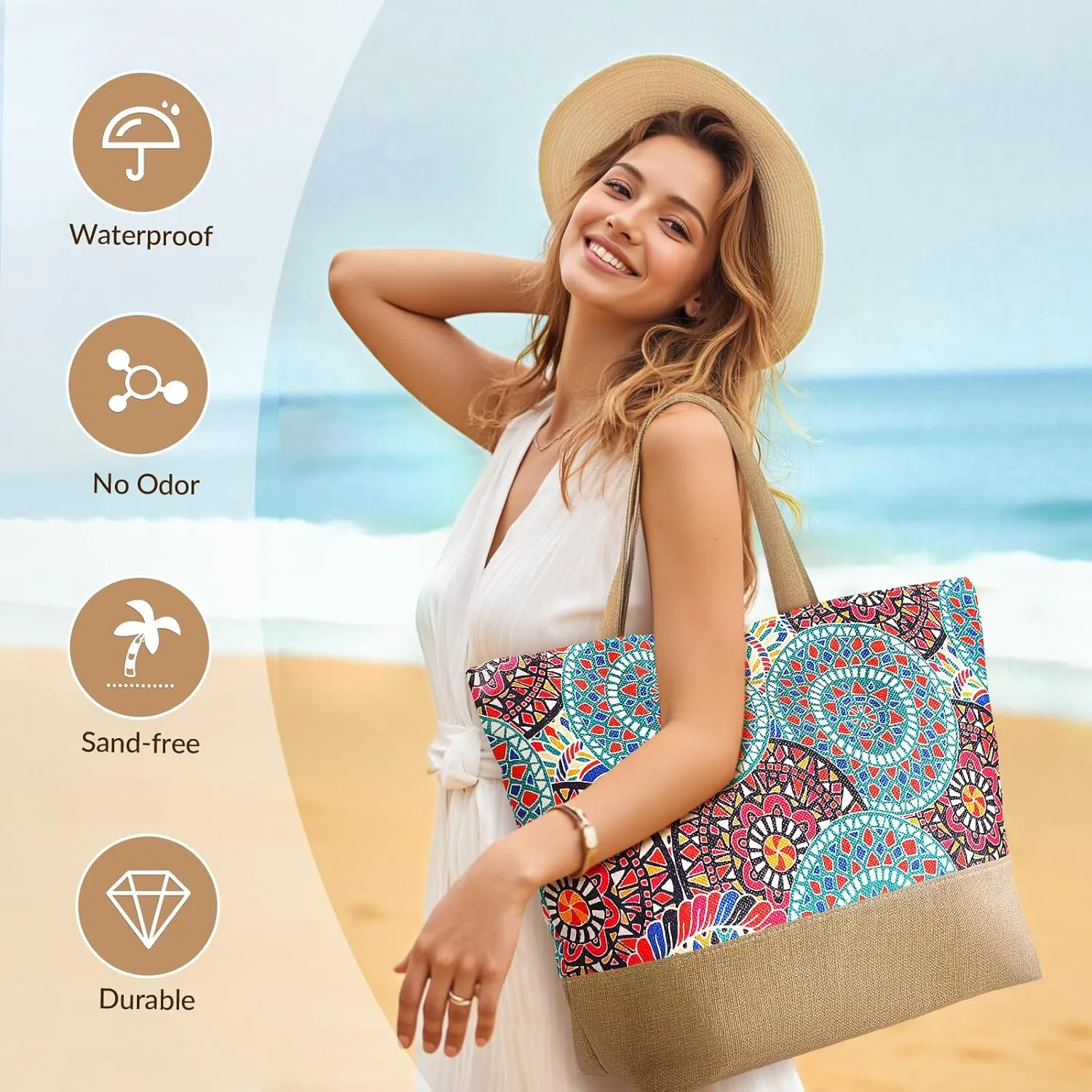 Beach Bag for Women, Large Beach Tote Bags with Zipper, Woven Straw Tote Waterproof, Swim Gym Shopping Travel Bag