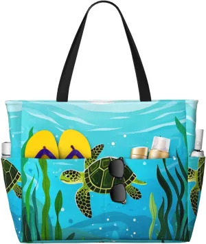 Beach Bag for Women, Waterproof Sandproof Beach Pool Travel Duffel Bags with 7 Pockets, Large Capacity Shoulder Tote Bag for Gym Travel Vacation Essential, Cartoon Sea Turtle Seaweed