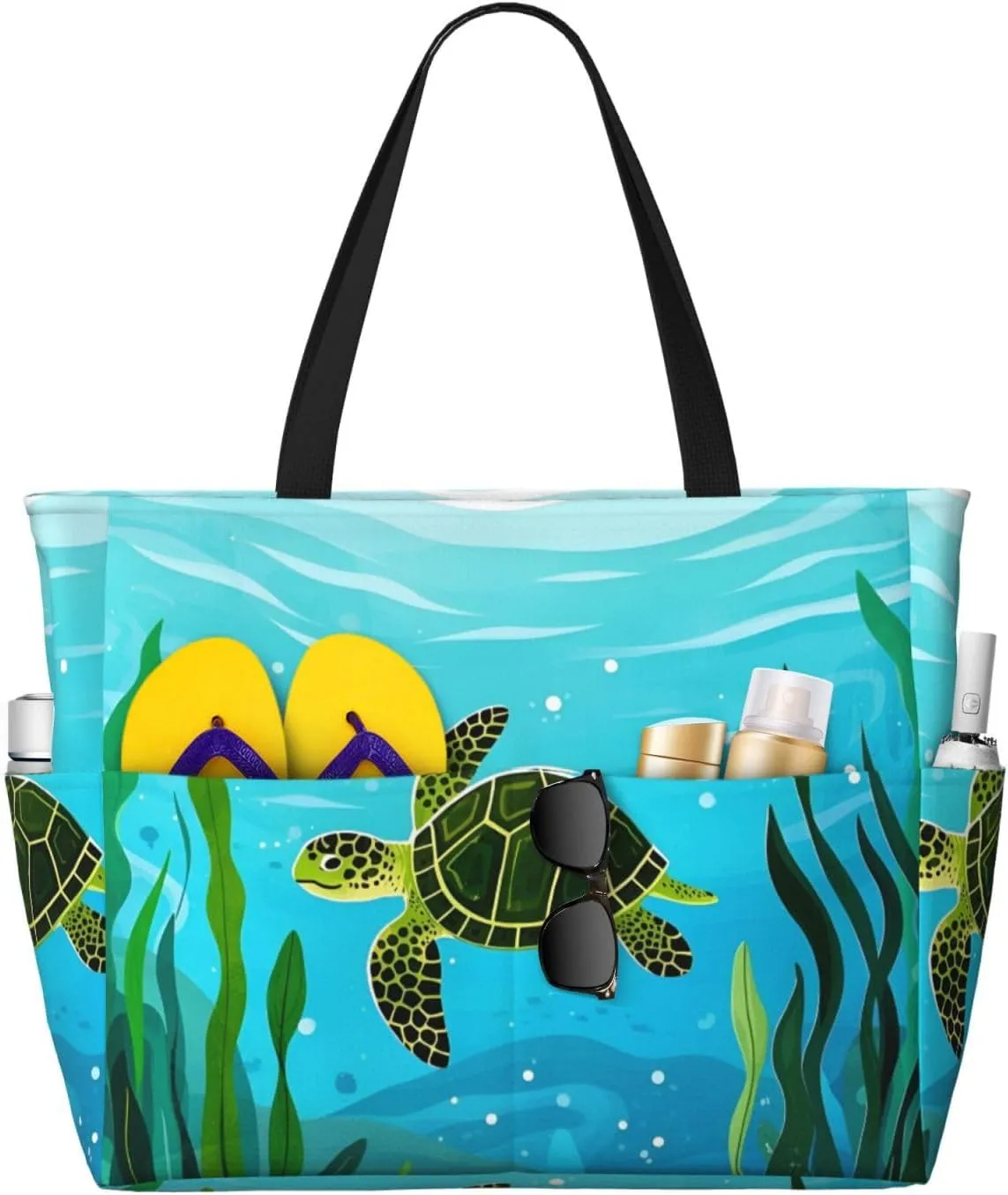 Beach Bag for Women, Waterproof Sandproof Beach Pool Travel Duffel Bags with 7 Pockets, Large Capacity Shoulder Tote Bag for Gym Travel Vacation Essential, Cartoon Sea Turtle Seaweed