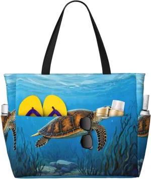 Beach Bag for Women, Waterproof Sandproof Beach Pool Travel Duffel Bags with 7 Pockets, Large Capacity Shoulder Tote Bag for Gym Travel Vacation Essential, Ocean Turtle Seaweed