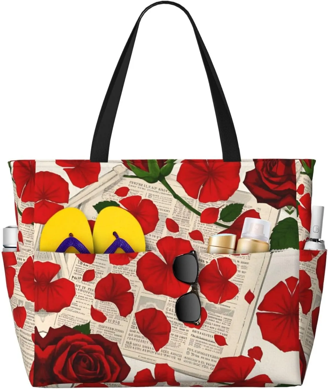 Beach Bag for Women, Waterproof Sandproof Beach Pool Travel Duffel Bags with 7 Pockets, Large Capacity Shoulder Tote Bag for Gym Travel Vacation Essential, Rose Flowers Vintage Newspaper