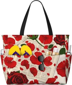 Beach Bag for Women, Waterproof Sandproof Beach Pool Travel Duffel Bags with 7 Pockets, Large Capacity Shoulder Tote Bag for Gym Travel Vacation Essential, Rose Flowers Vintage Newspaper