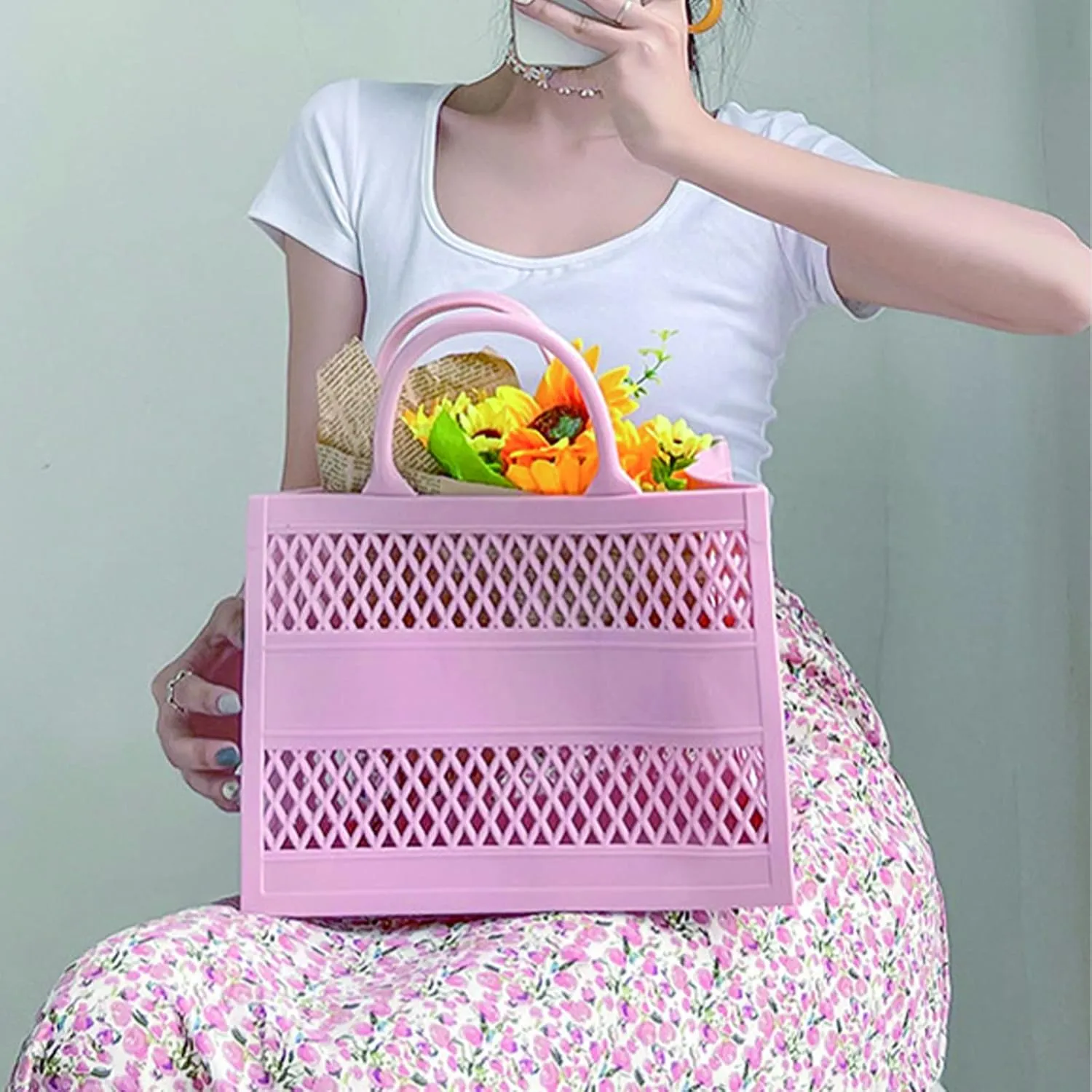 Beach Bag, Jelly Beach Bag Plastic Basket Purse, Flower Tote Bag Aesthetic, Gift Bag for Kids,Girls, Women