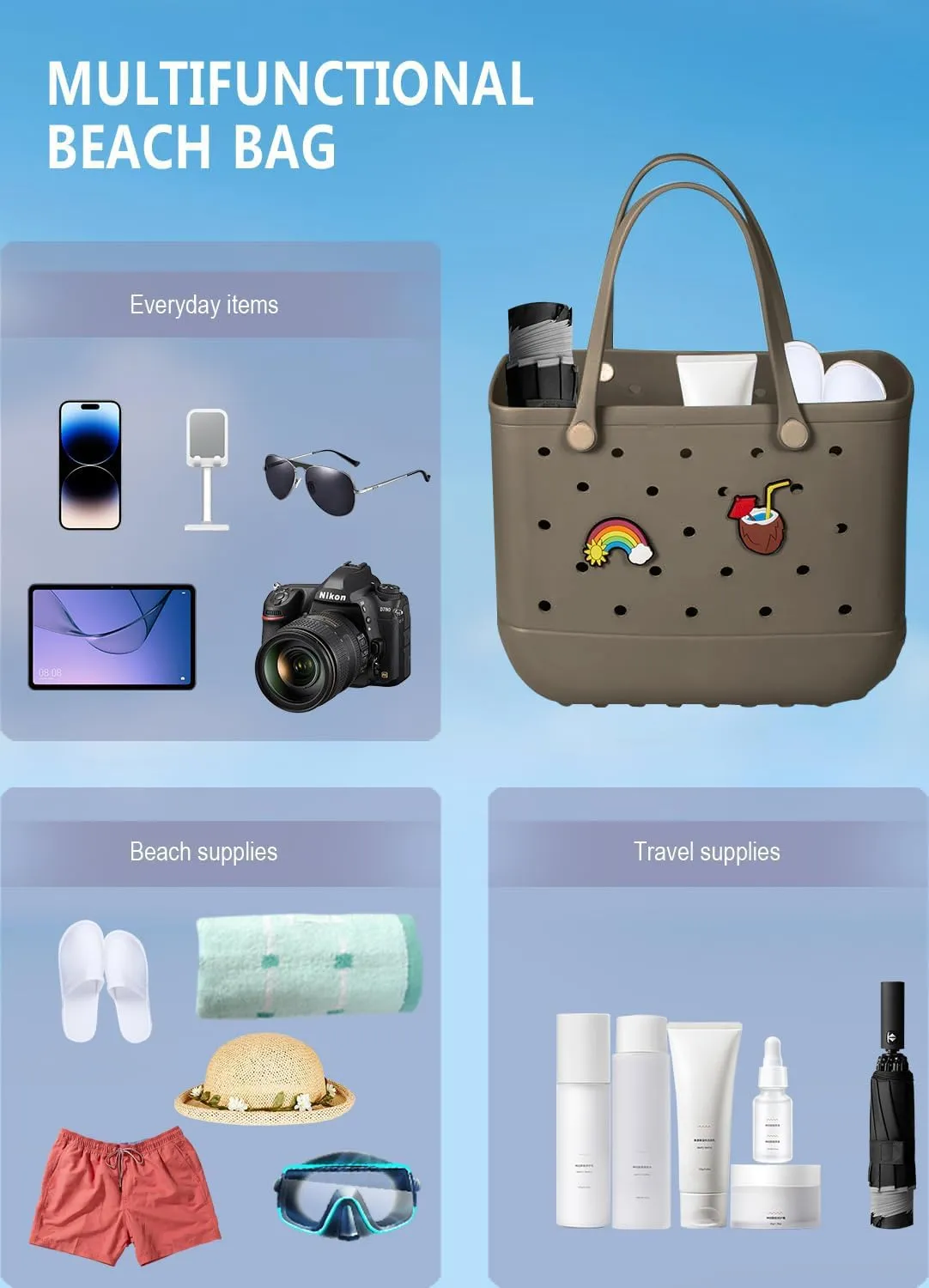 Beach Bag Rubber Tote Bag - Waterproof Travel Bag for Women Washable Tote Bag Handbag for Sports Beach Market Pool